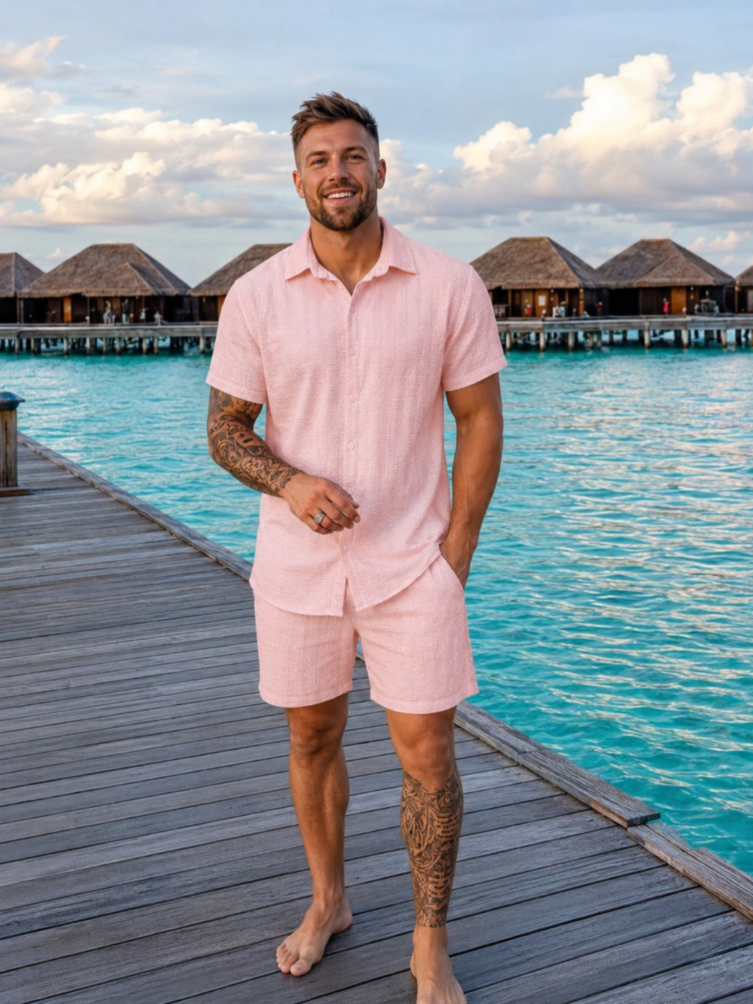 Men’s Short Sleeve Shirt and Shorts Set with Jacquard Texture