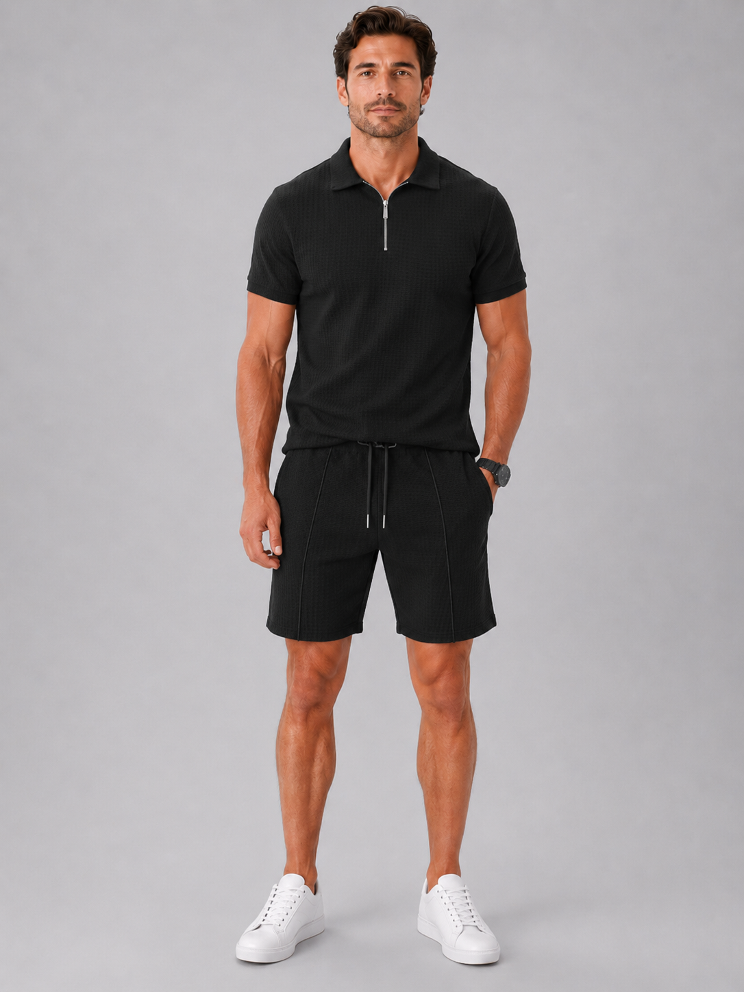 Men’s Polo and Shorts Set with Zip Collar