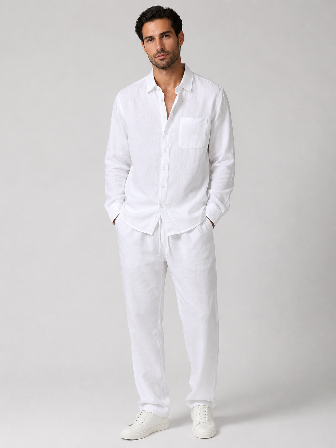 Men’s Two-Piece Set with Long Sleeve Button-Up Shirt and Drawstring Trousers