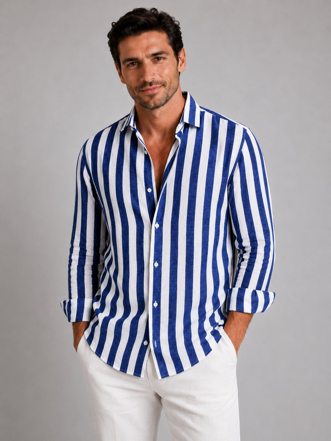 Men’s Vertical Stripe Shirt with Collared Button Front