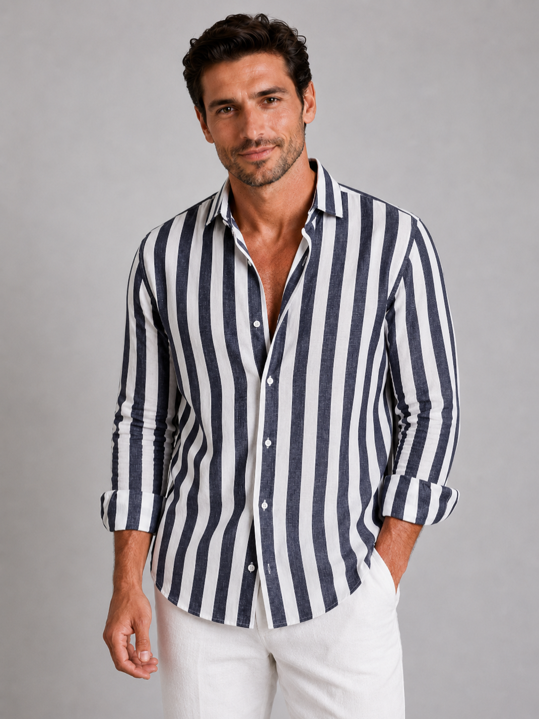 Men’s Vertical Stripe Shirt with Collared Button Front