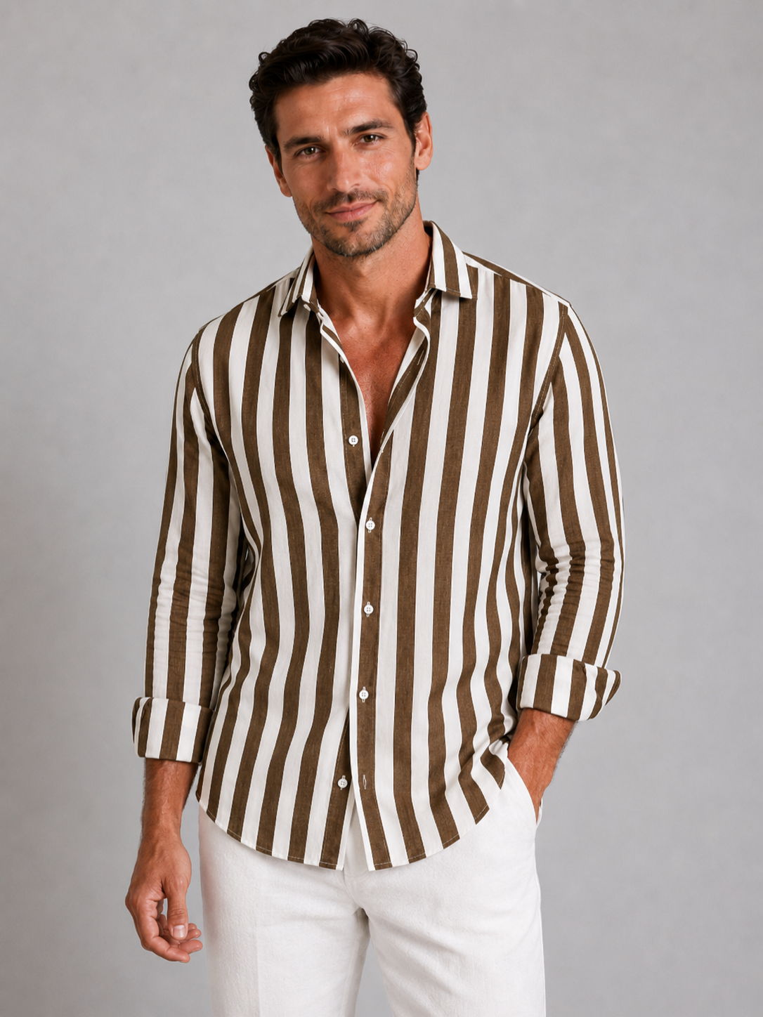 Men’s Vertical Stripe Shirt with Collared Button Front