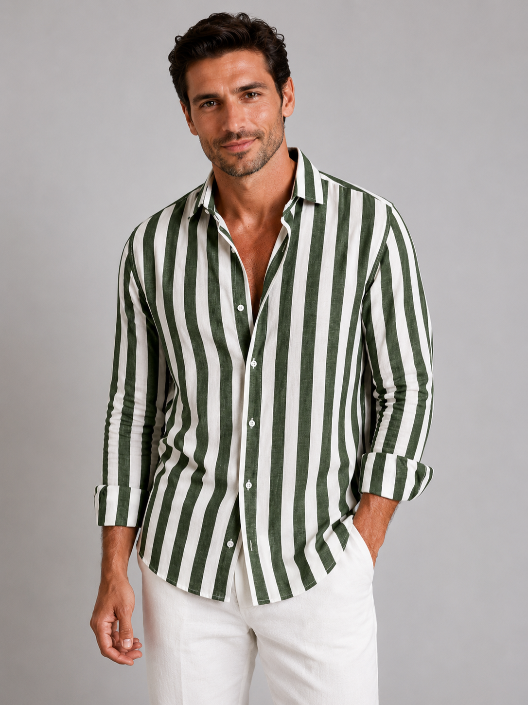 Men’s Vertical Stripe Shirt with Collared Button Front