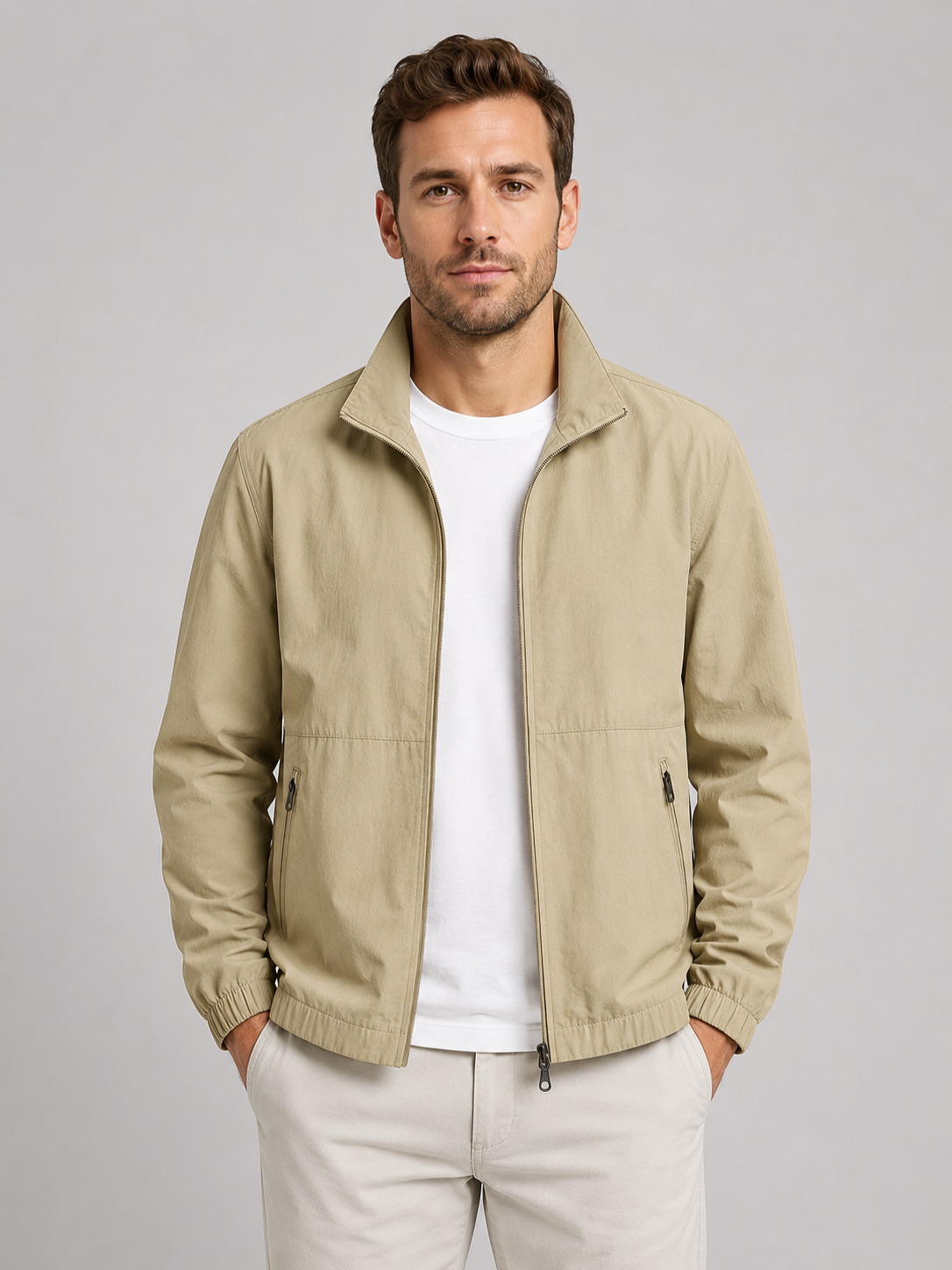 Men’s Summer Zip Front Jacket with Stand Collar