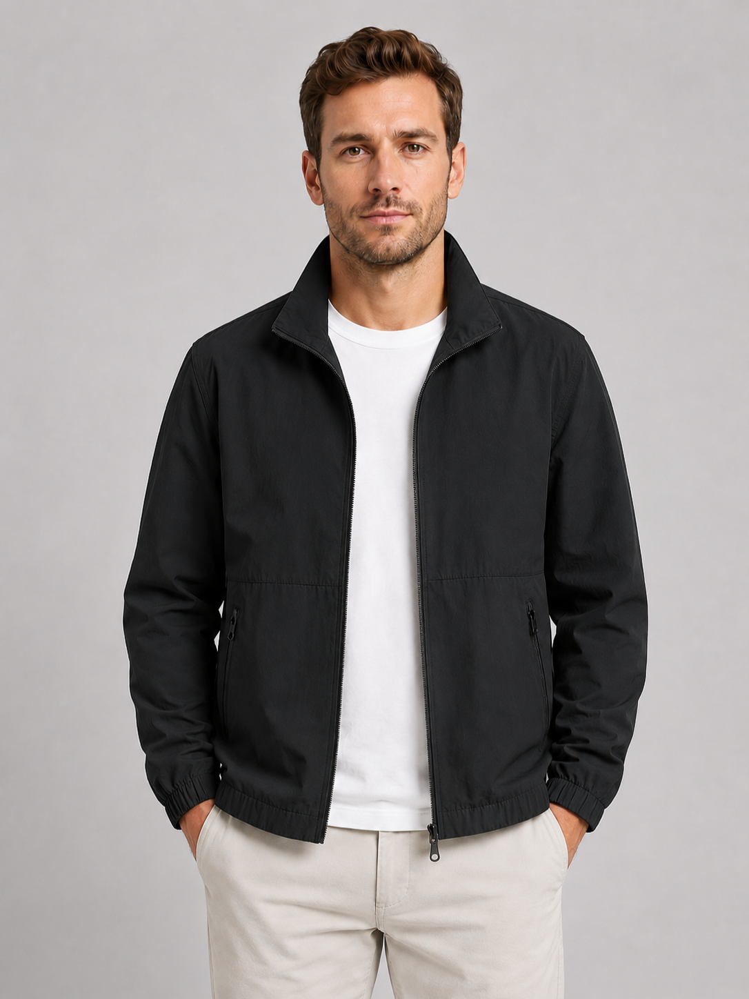 Men’s Summer Zip Front Jacket with Stand Collar