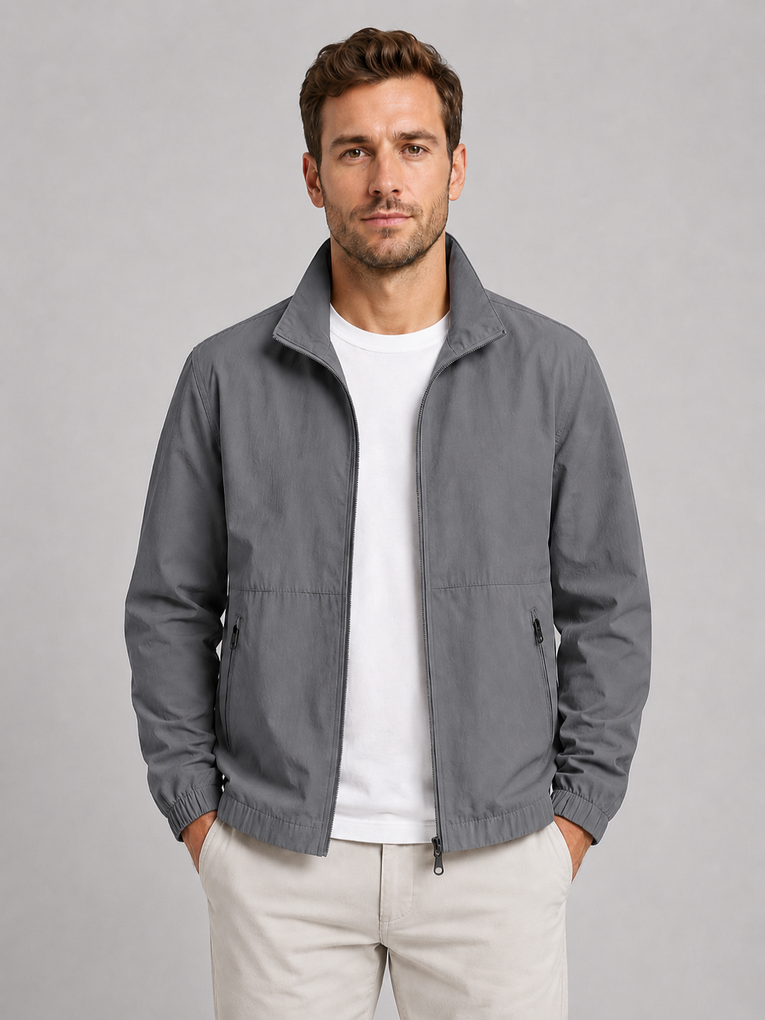 Men’s Summer Zip Front Jacket with Stand Collar