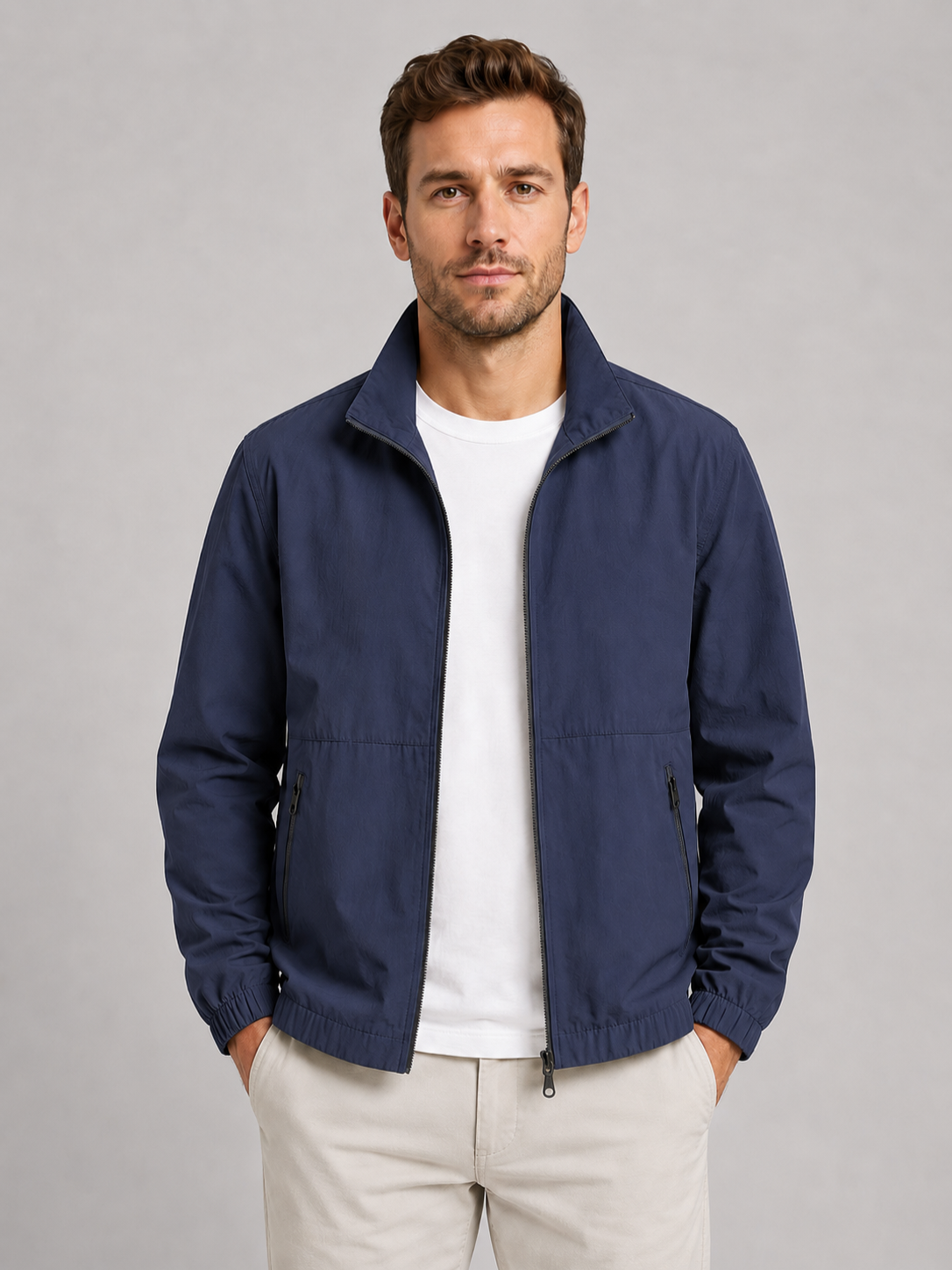 Men’s Summer Zip Front Jacket with Stand Collar