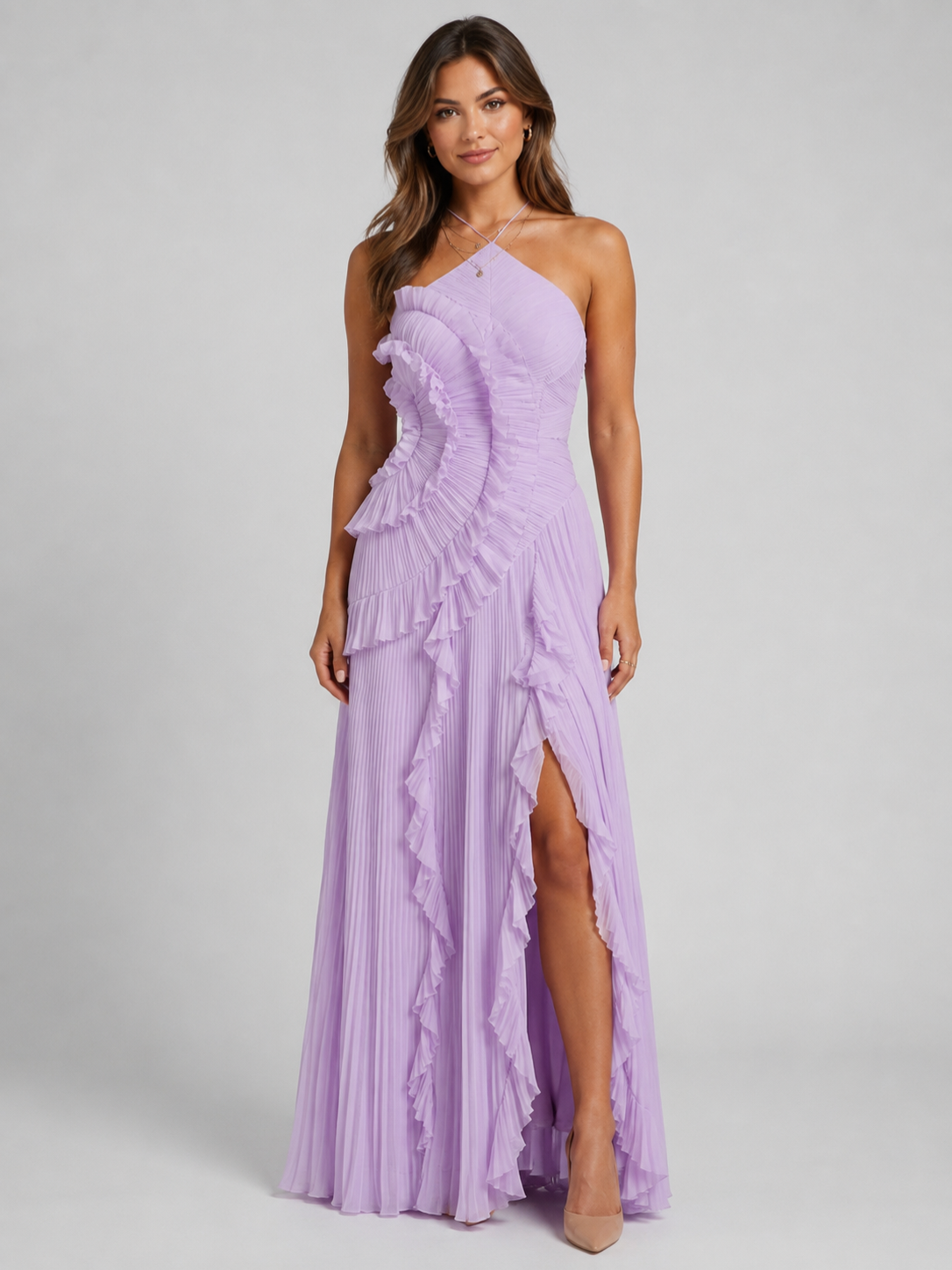 Women’s Pleated Maxi Dress with Halter Neck and Ruffle Detail