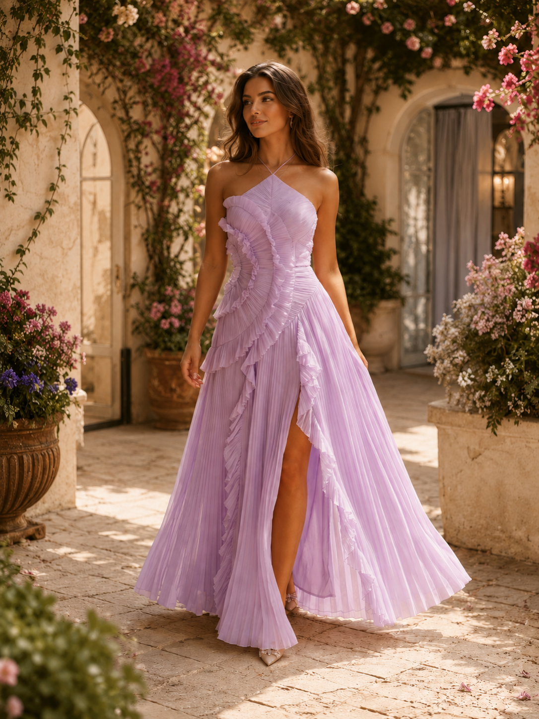 Women’s Pleated Maxi Dress with Halter Neck and Ruffle Detail