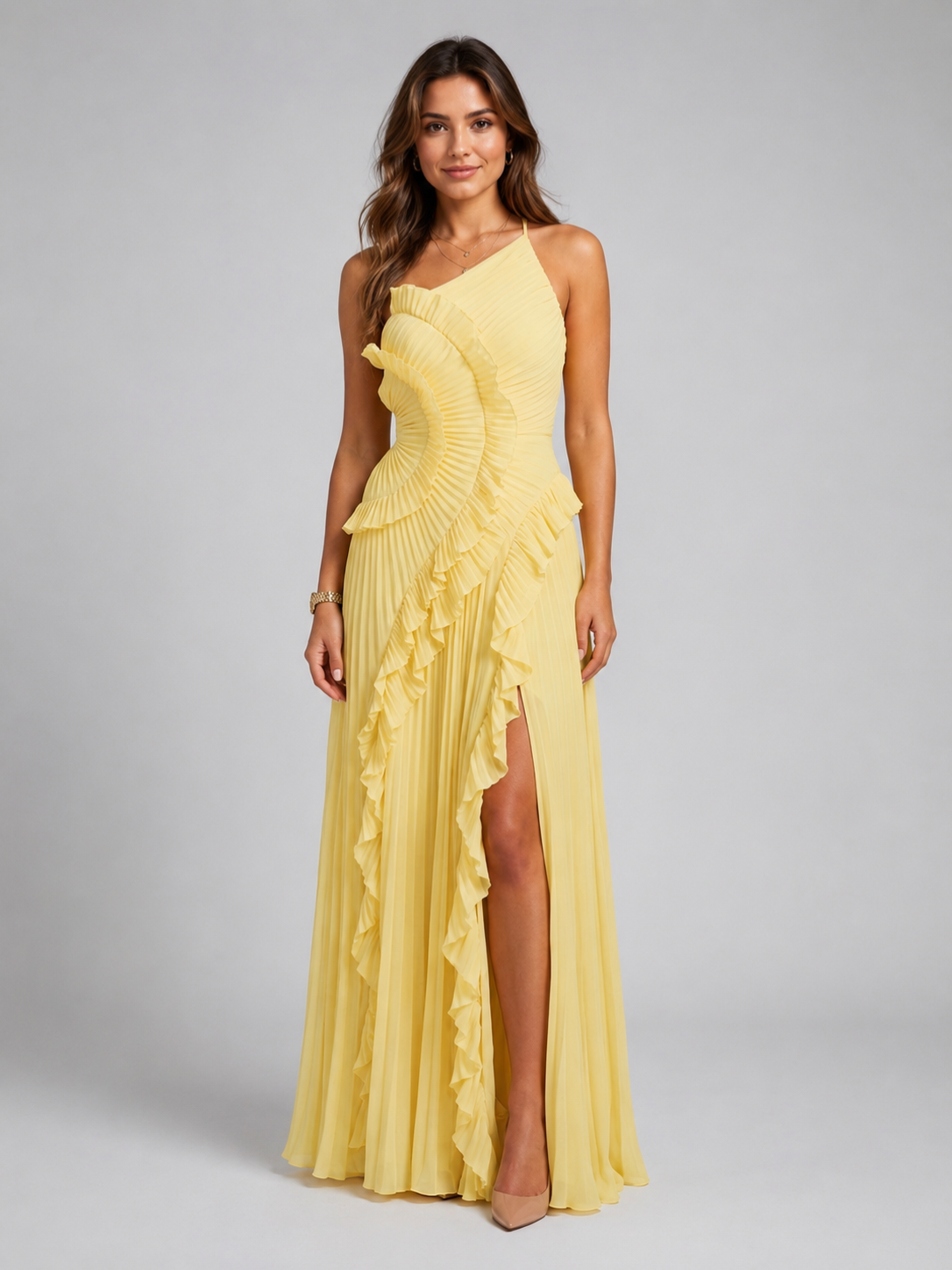 Women’s Pleated Maxi Dress with Halter Neck and Ruffle Detail