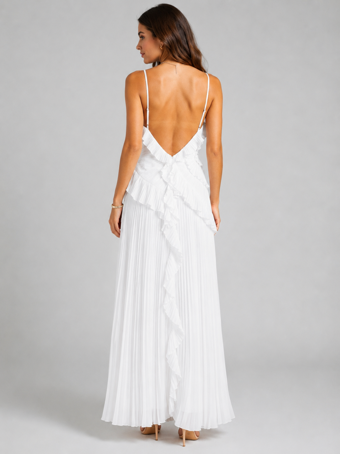 Women’s Pleated Maxi Dress with Halter Neck and Ruffle Detail