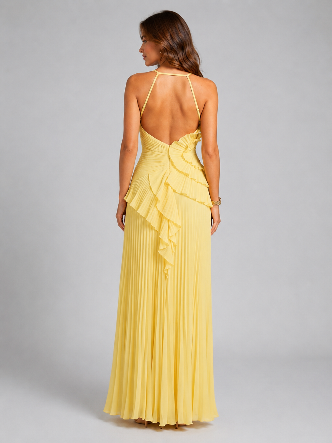 Women’s Pleated Maxi Dress with Halter Neck and Ruffle Detail