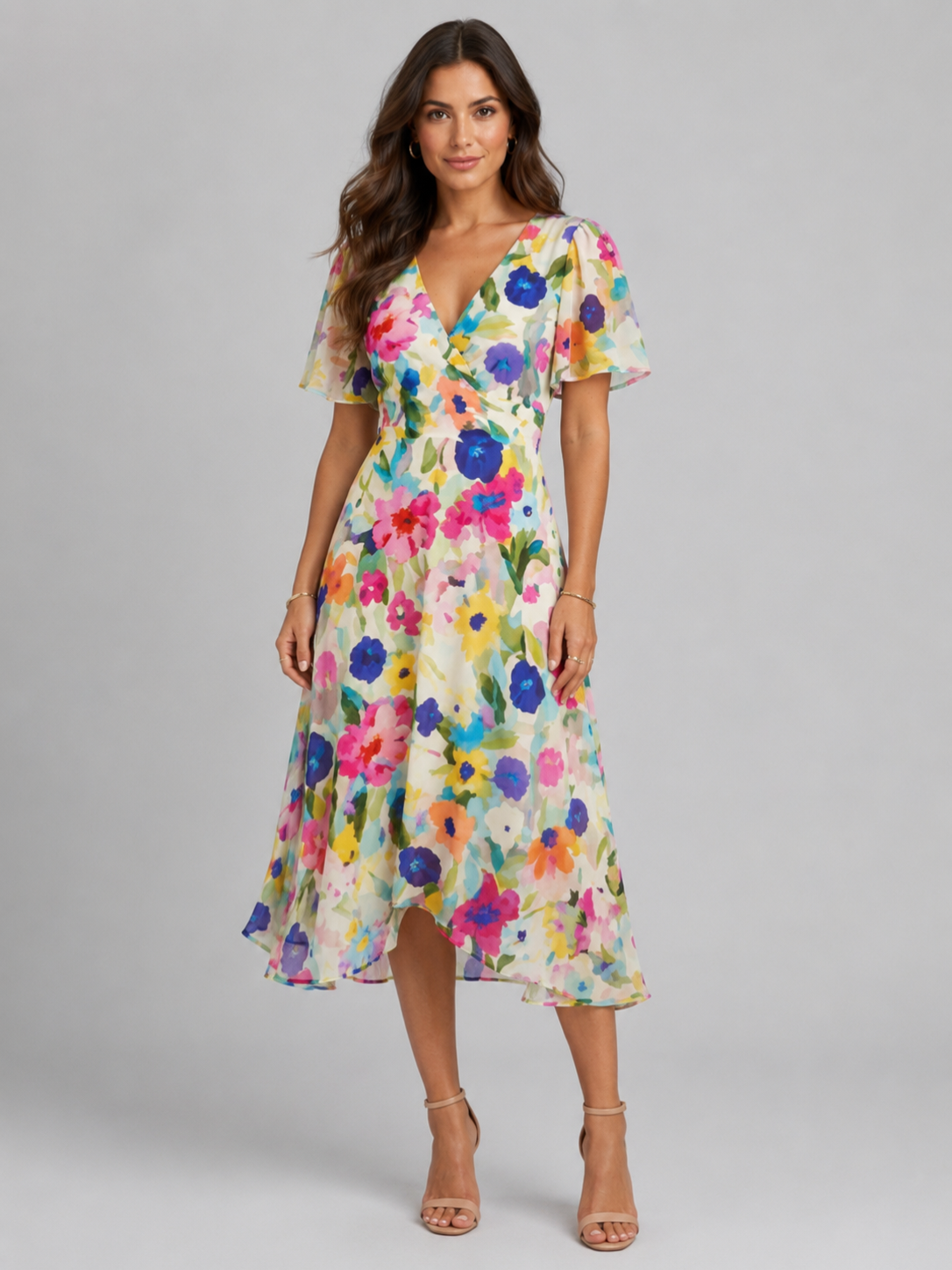 Women’s Printed Midi Dress with V-Neck and Short Sleeves