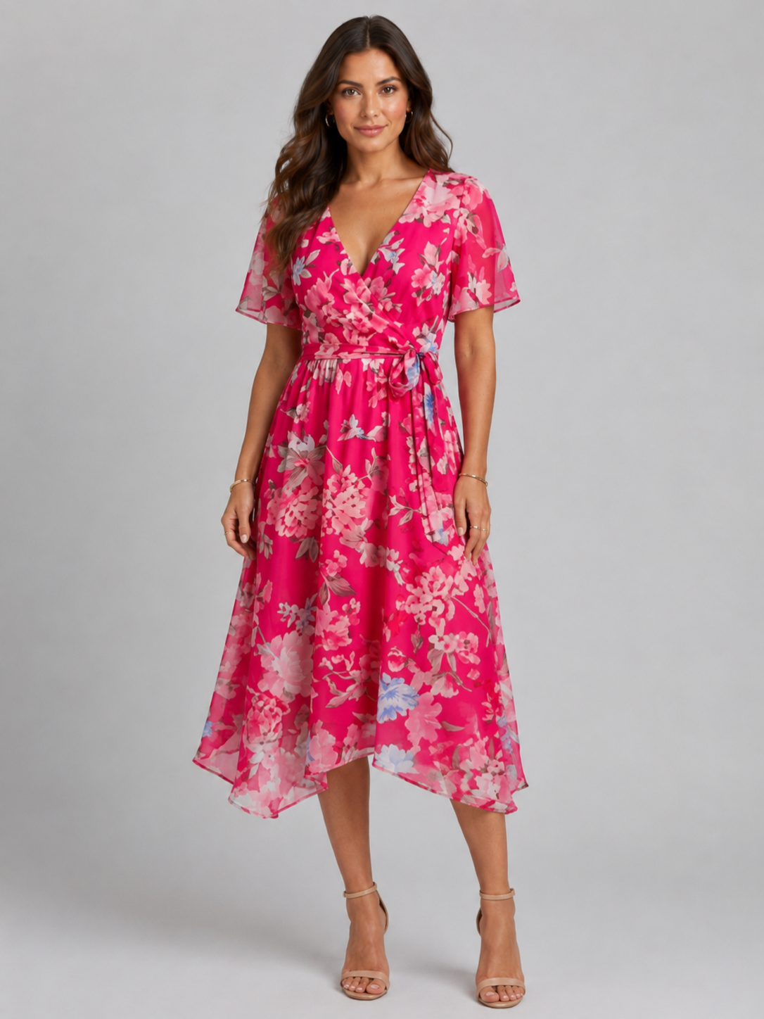 Women’s Printed Midi Dress with V-Neck and Short Sleeves