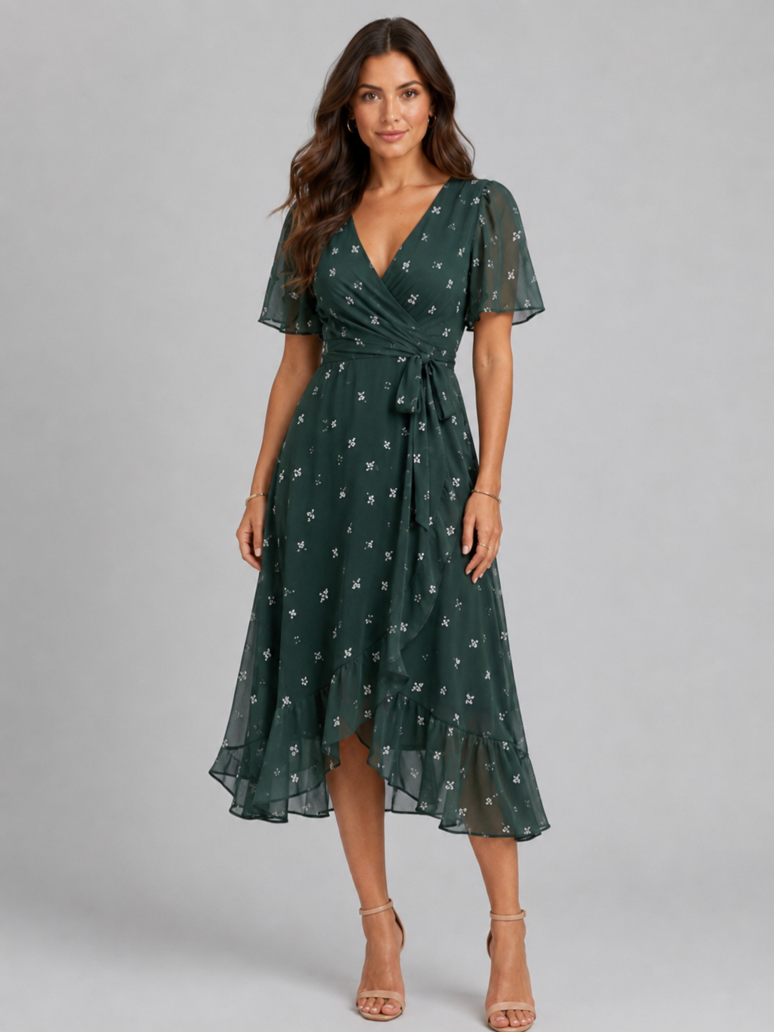 Women’s Printed Midi Dress with V-Neck and Short Sleeves