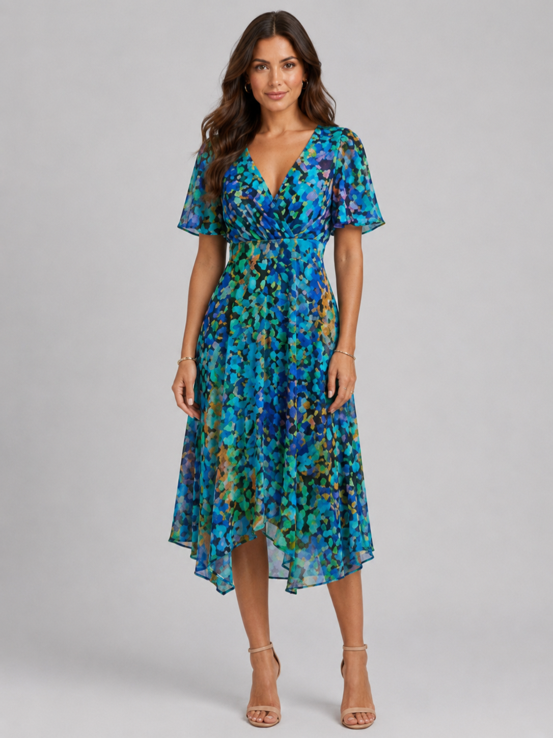Women’s Printed Midi Dress with V-Neck and Short Sleeves