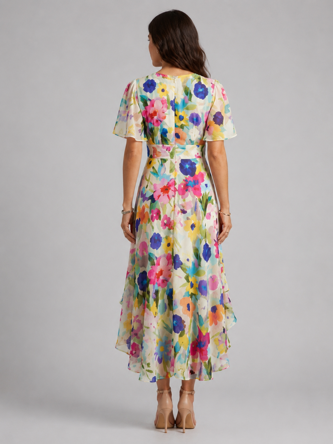 Women’s Printed Midi Dress with V-Neck and Short Sleeves