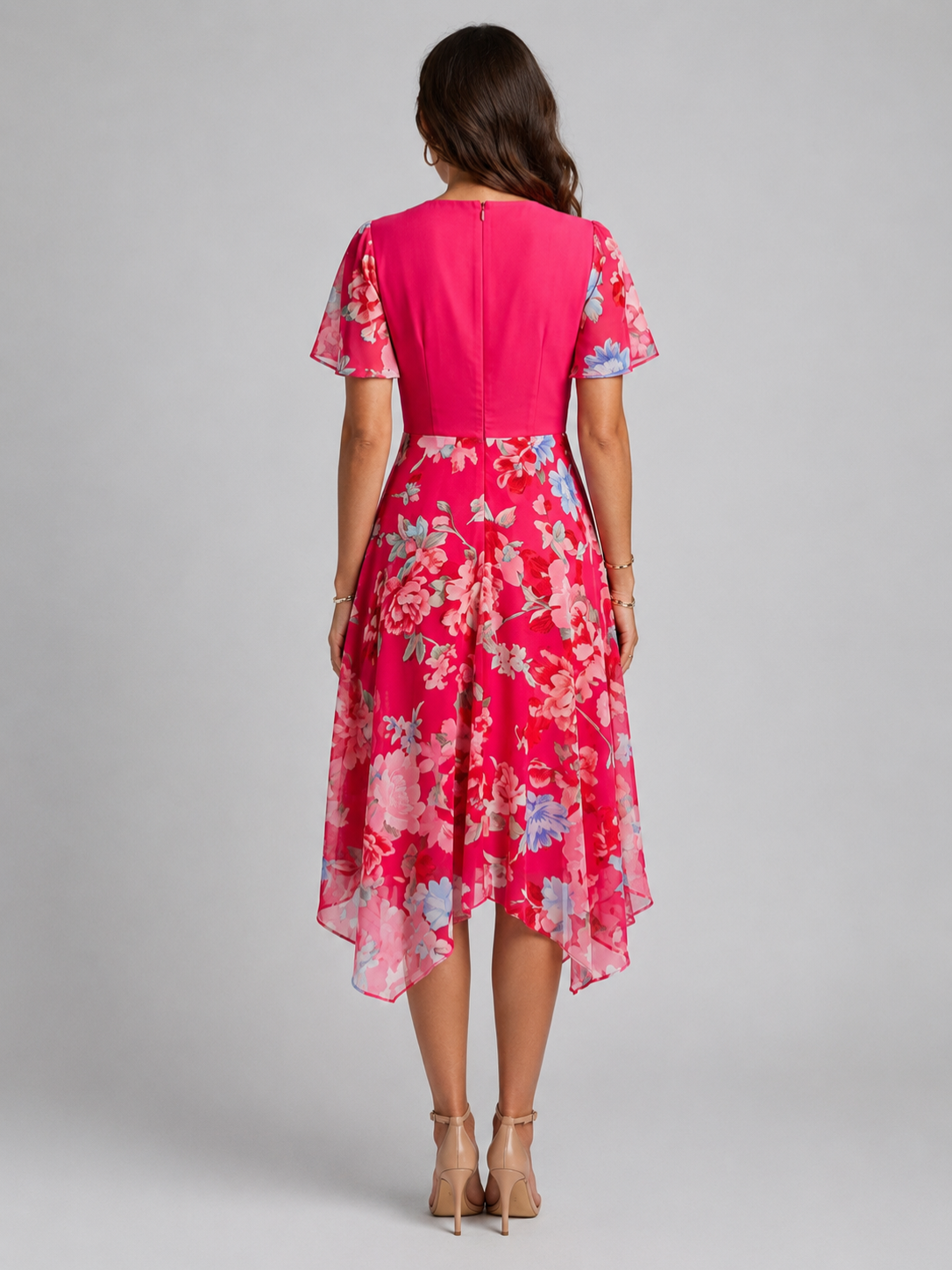 Women’s Printed Midi Dress with V-Neck and Short Sleeves