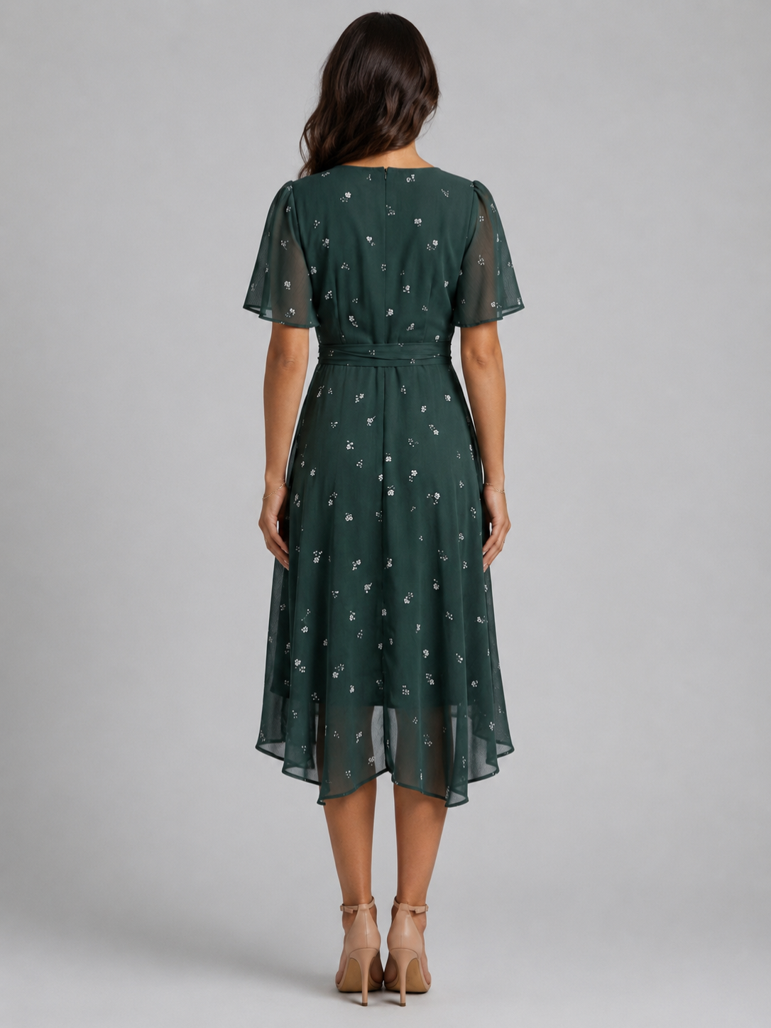 Women’s Printed Midi Dress with V-Neck and Short Sleeves