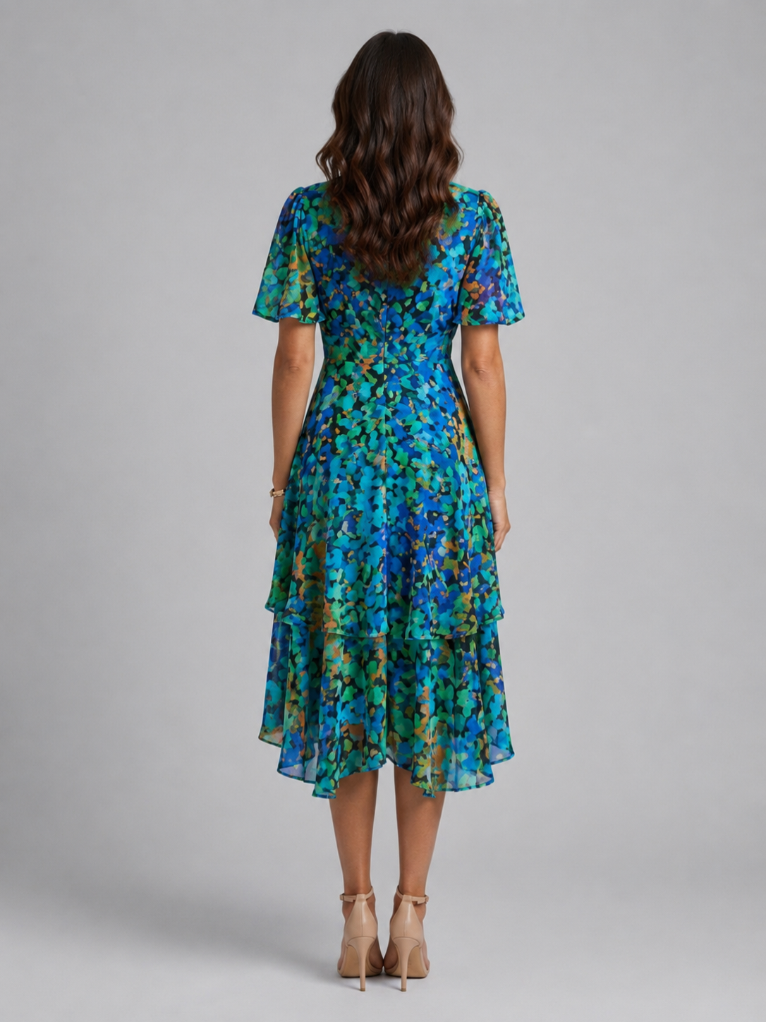 Women’s Printed Midi Dress with V-Neck and Short Sleeves