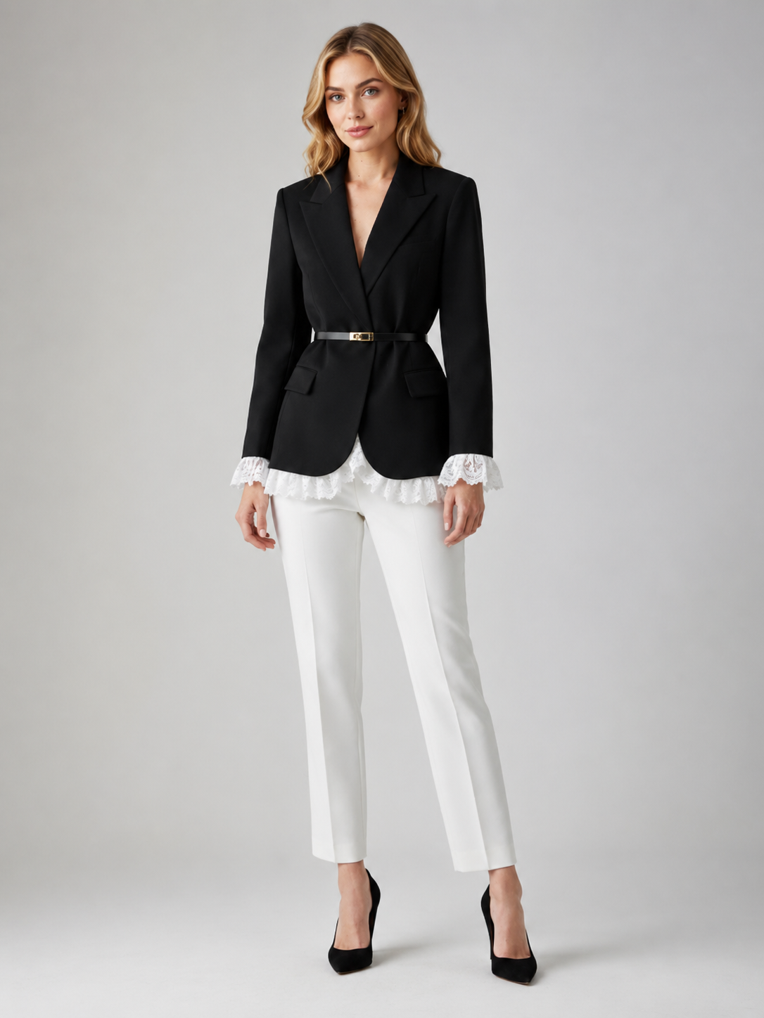 Women’s Blazer Jacket with Belt and Ruffle Trim