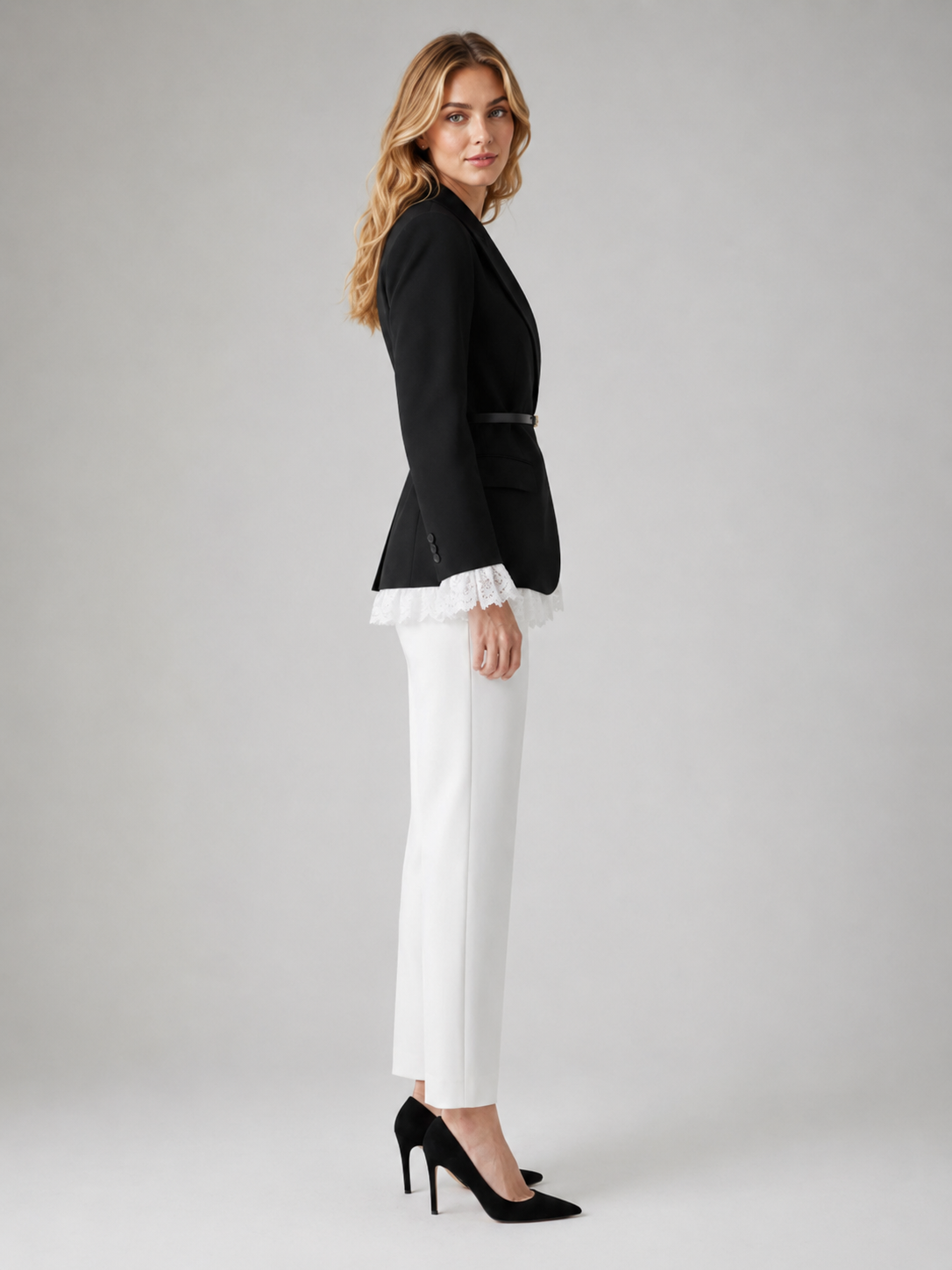 Women’s Blazer Jacket with Belt and Ruffle Trim