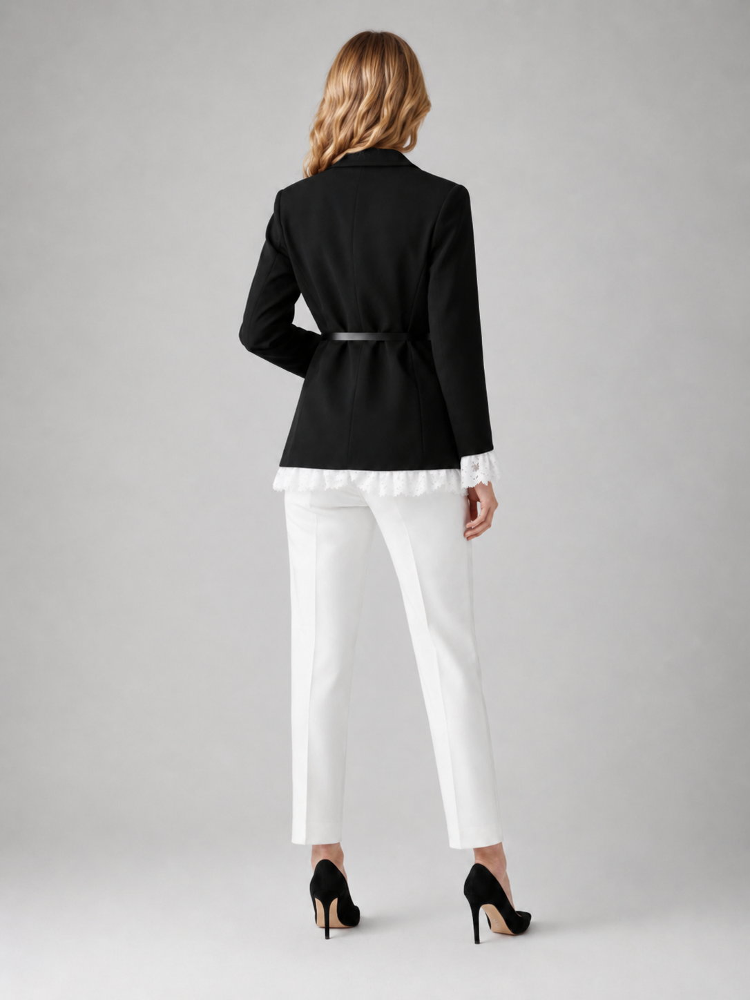 Women’s Blazer Jacket with Belt and Ruffle Trim