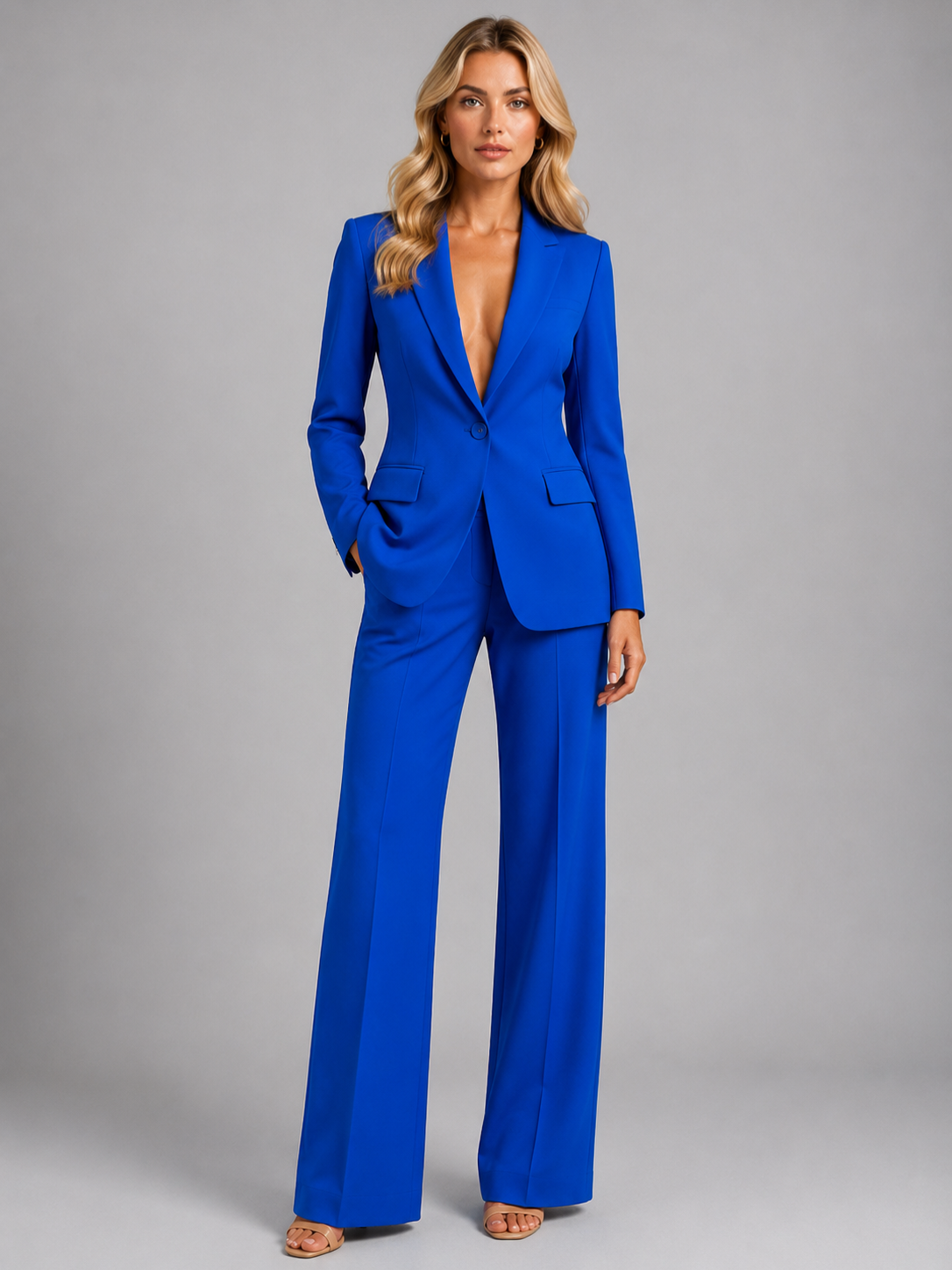 Women’s Blazer and Wide-Leg Trousers Set with Notched Lapel