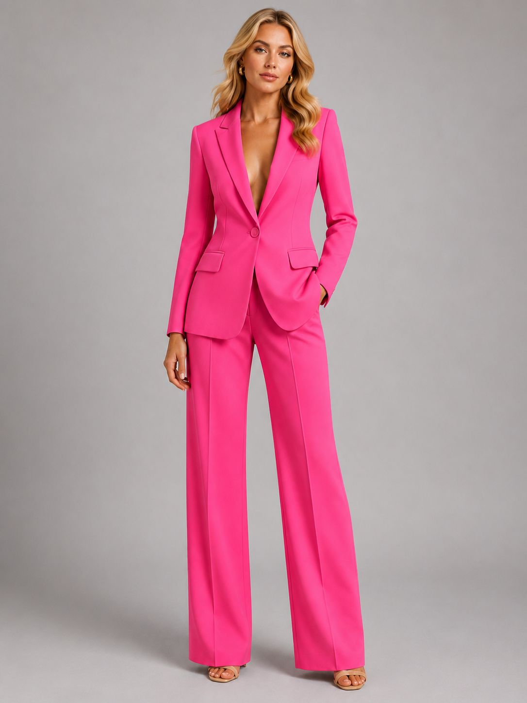 Women’s Blazer and Wide-Leg Trousers Set with Notched Lapel