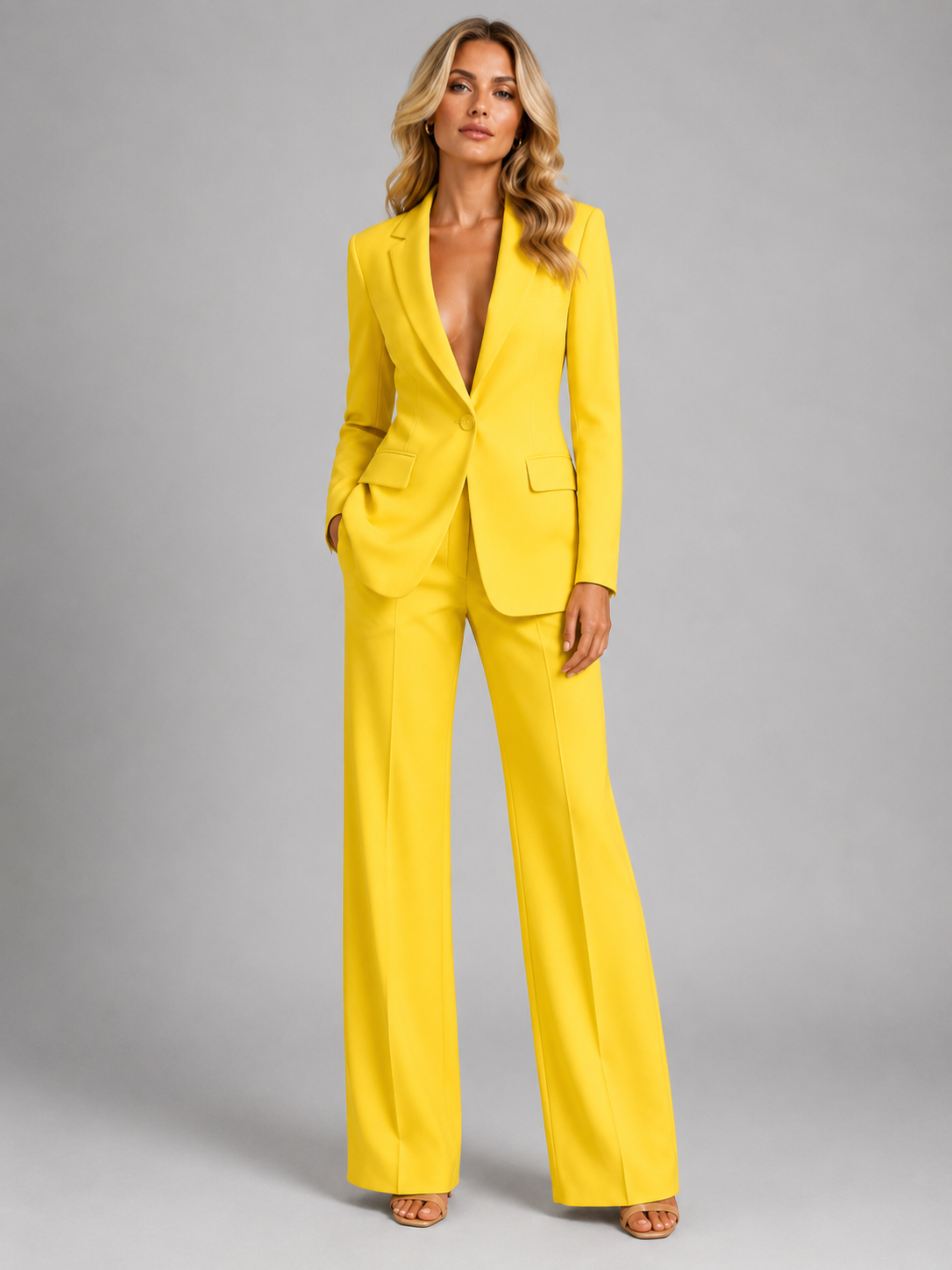 Women’s Blazer and Wide-Leg Trousers Set with Notched Lapel