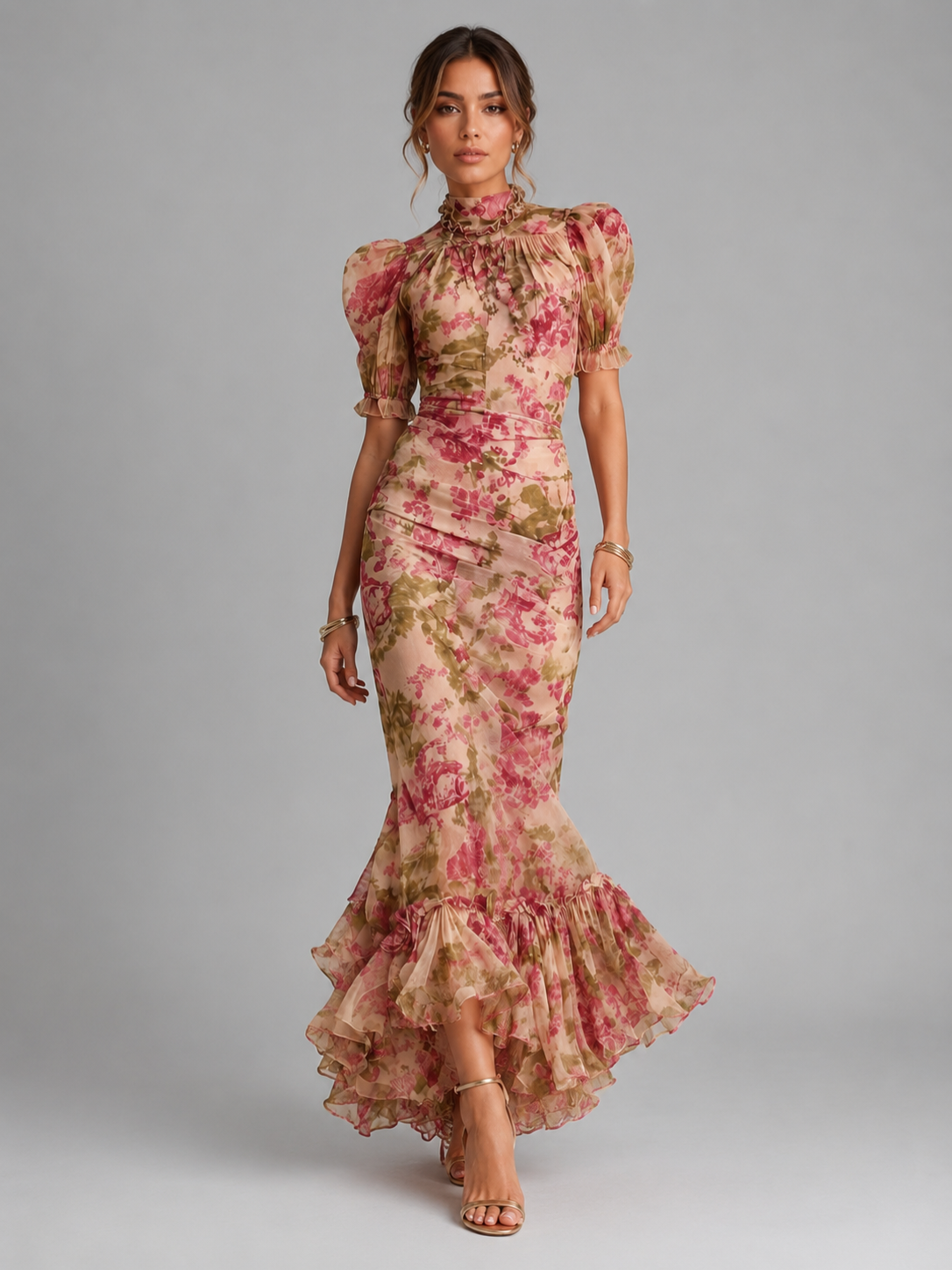 Women’s Floral Maxi Dress with Puff Sleeves and High Neck