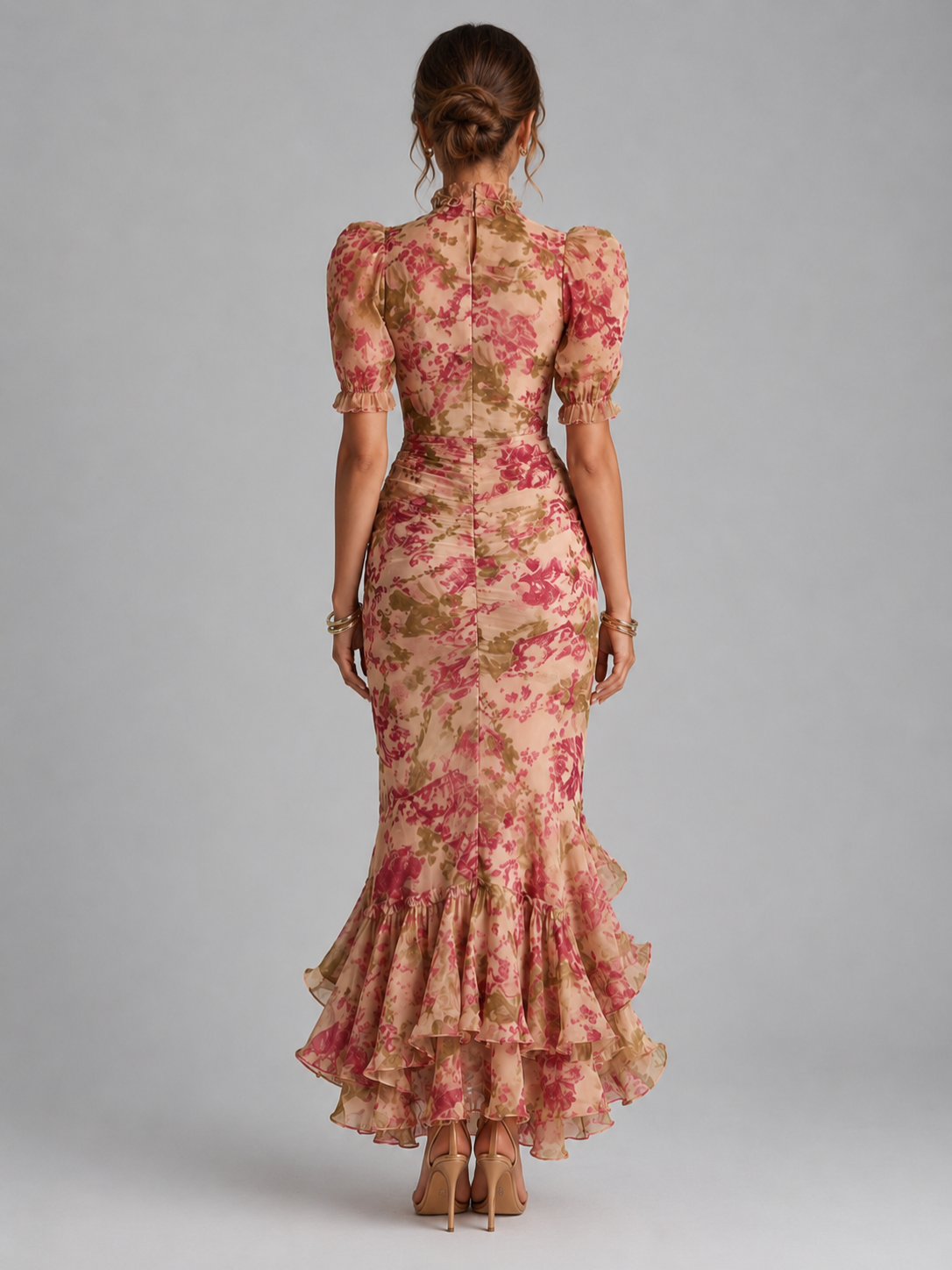 Women’s Floral Maxi Dress with Puff Sleeves and High Neck