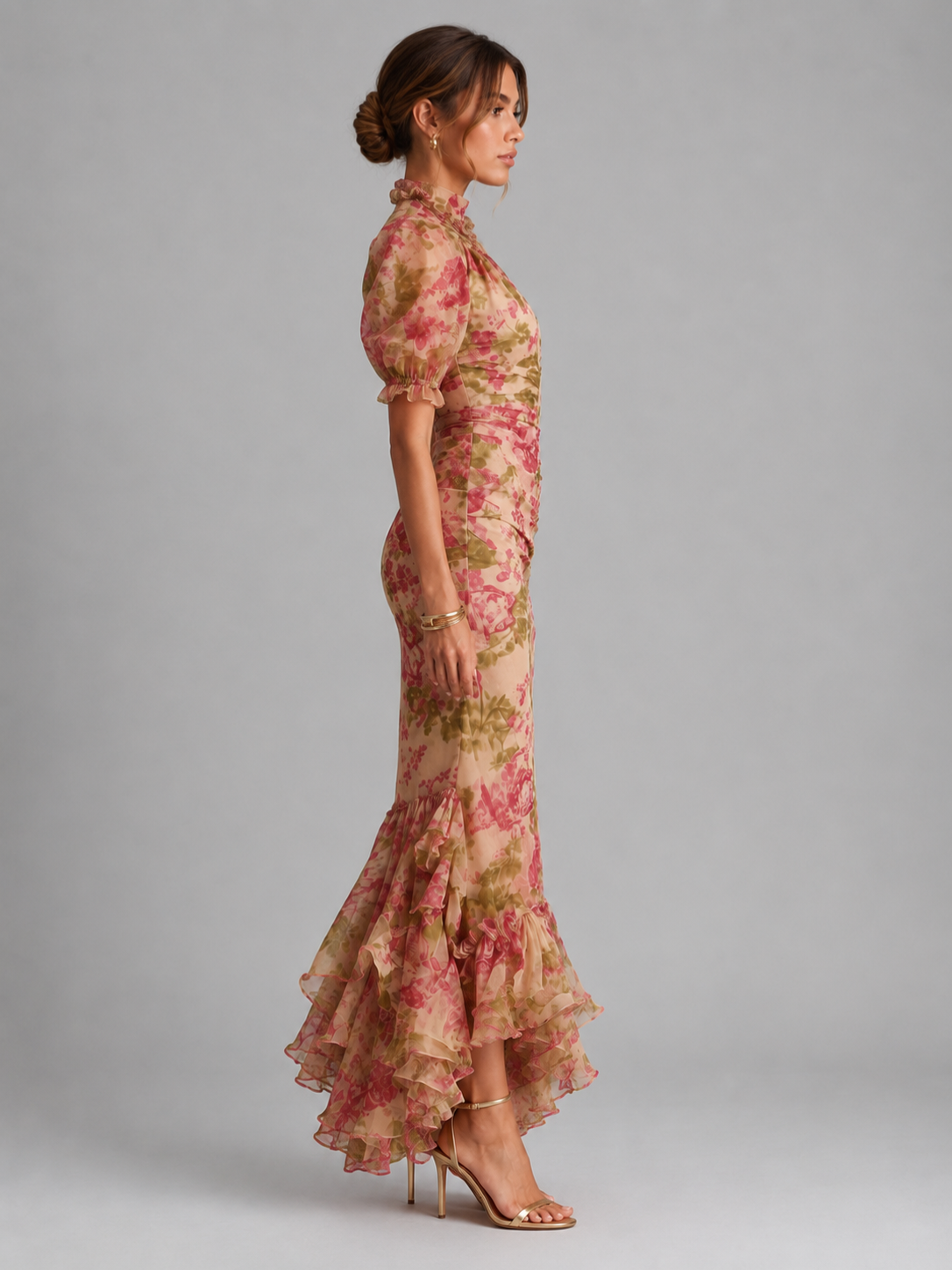 Women’s Floral Maxi Dress with Puff Sleeves and High Neck