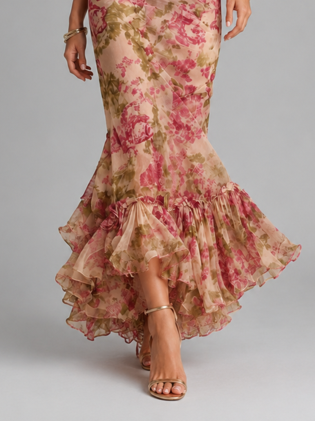 Women’s Floral Maxi Dress with Puff Sleeves and High Neck