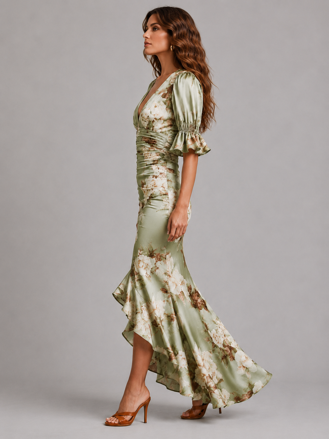 Women’s Floral Maxi Dress with V-Neck and Flutter Sleeves