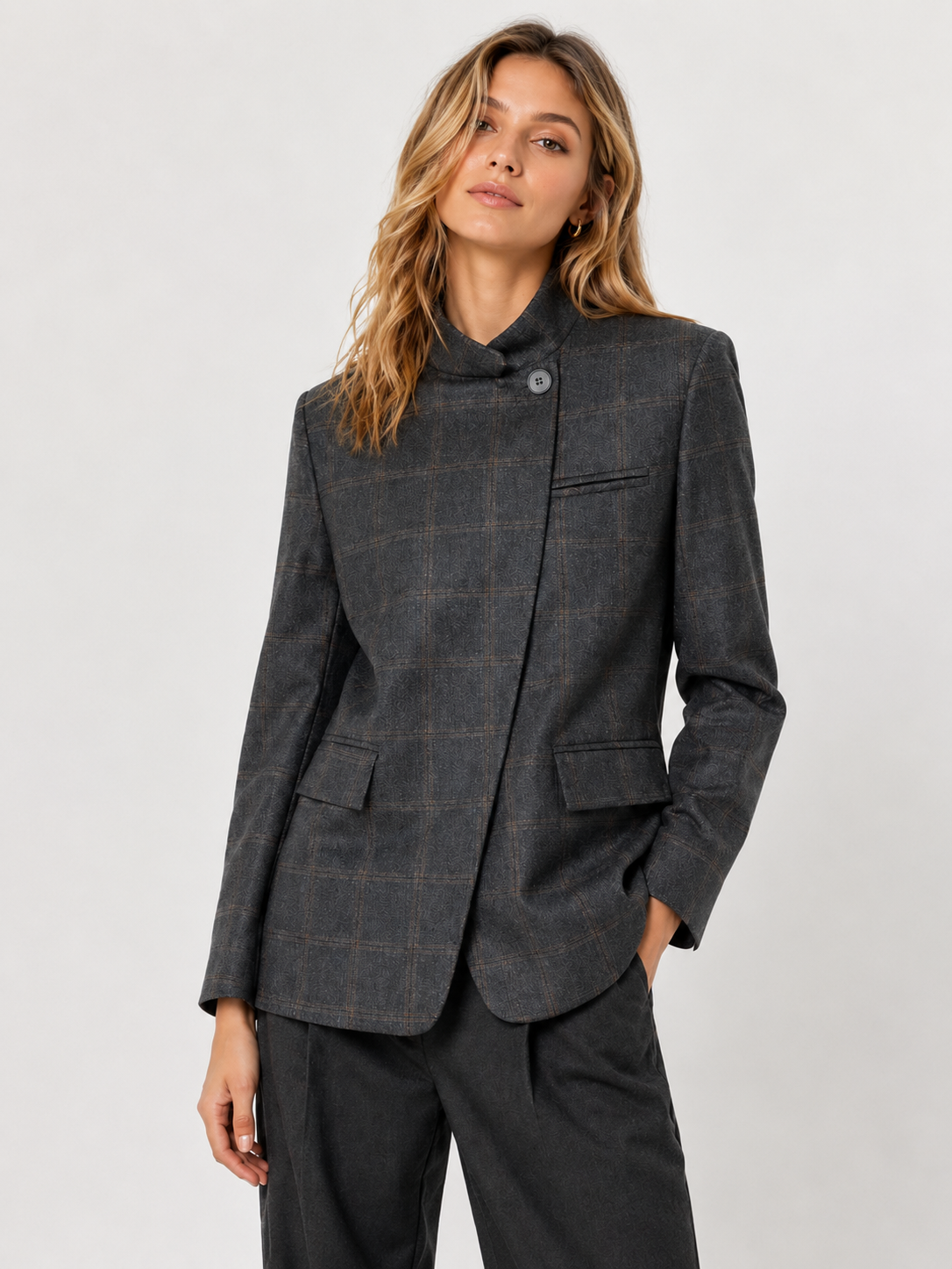 Women’s Plaid Blazer with Stand Collar and Long Sleeves