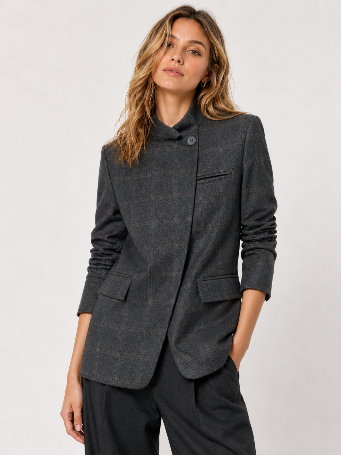 Women’s Plaid Blazer with Stand Collar and Long Sleeves