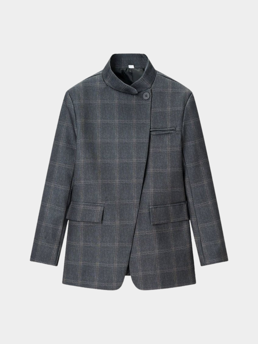 Women’s Plaid Blazer with Stand Collar and Long Sleeves