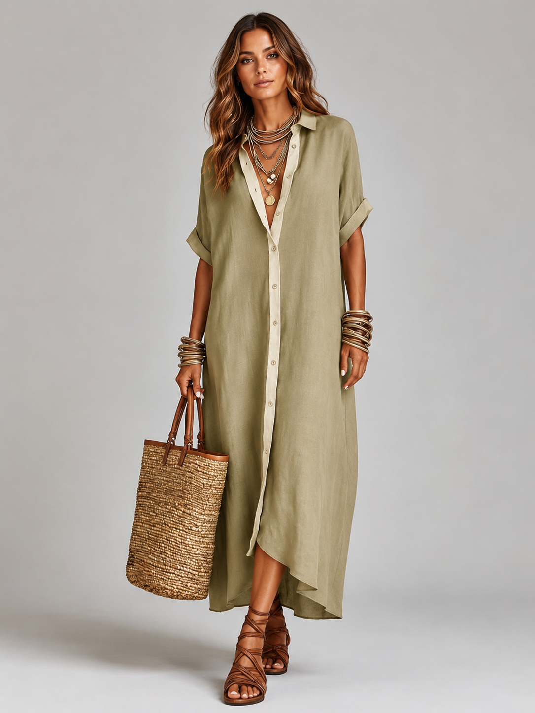 Women’s Maxi Shirt Dress with Short Sleeves
