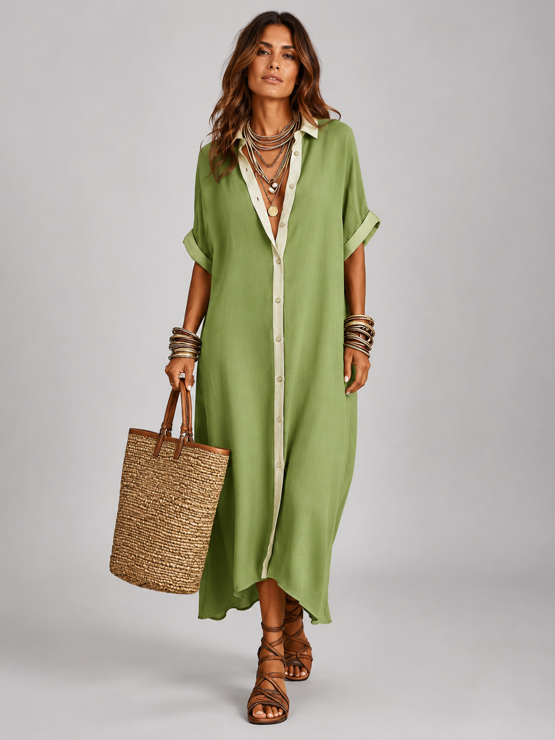 Women’s Maxi Shirt Dress with Short Sleeves
