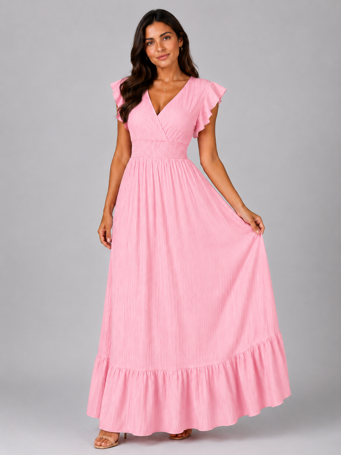 Women’s Pleated Maxi Dress with Flutter Sleeves and V-Neck