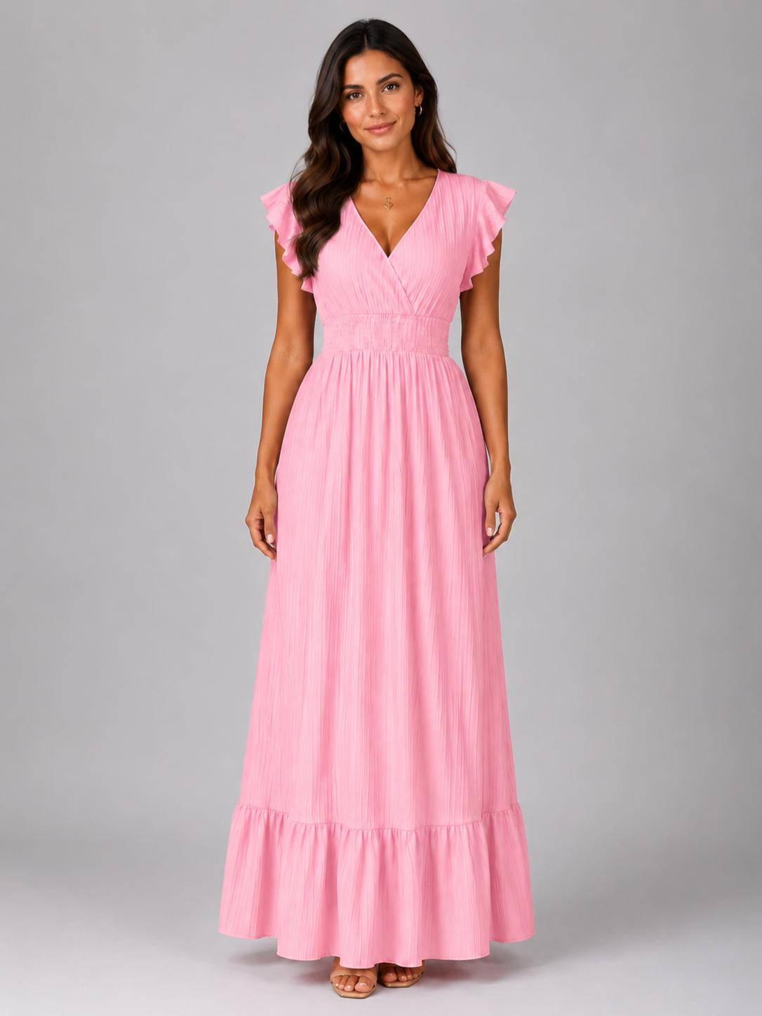 Women’s Pleated Maxi Dress with Flutter Sleeves and V-Neck