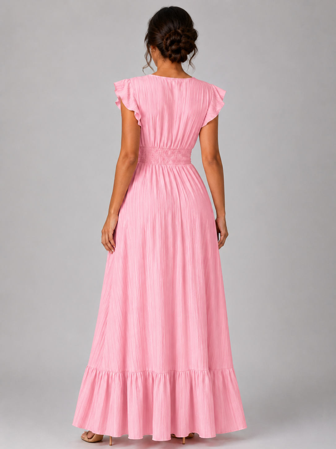 Women’s Pleated Maxi Dress with Flutter Sleeves and V-Neck