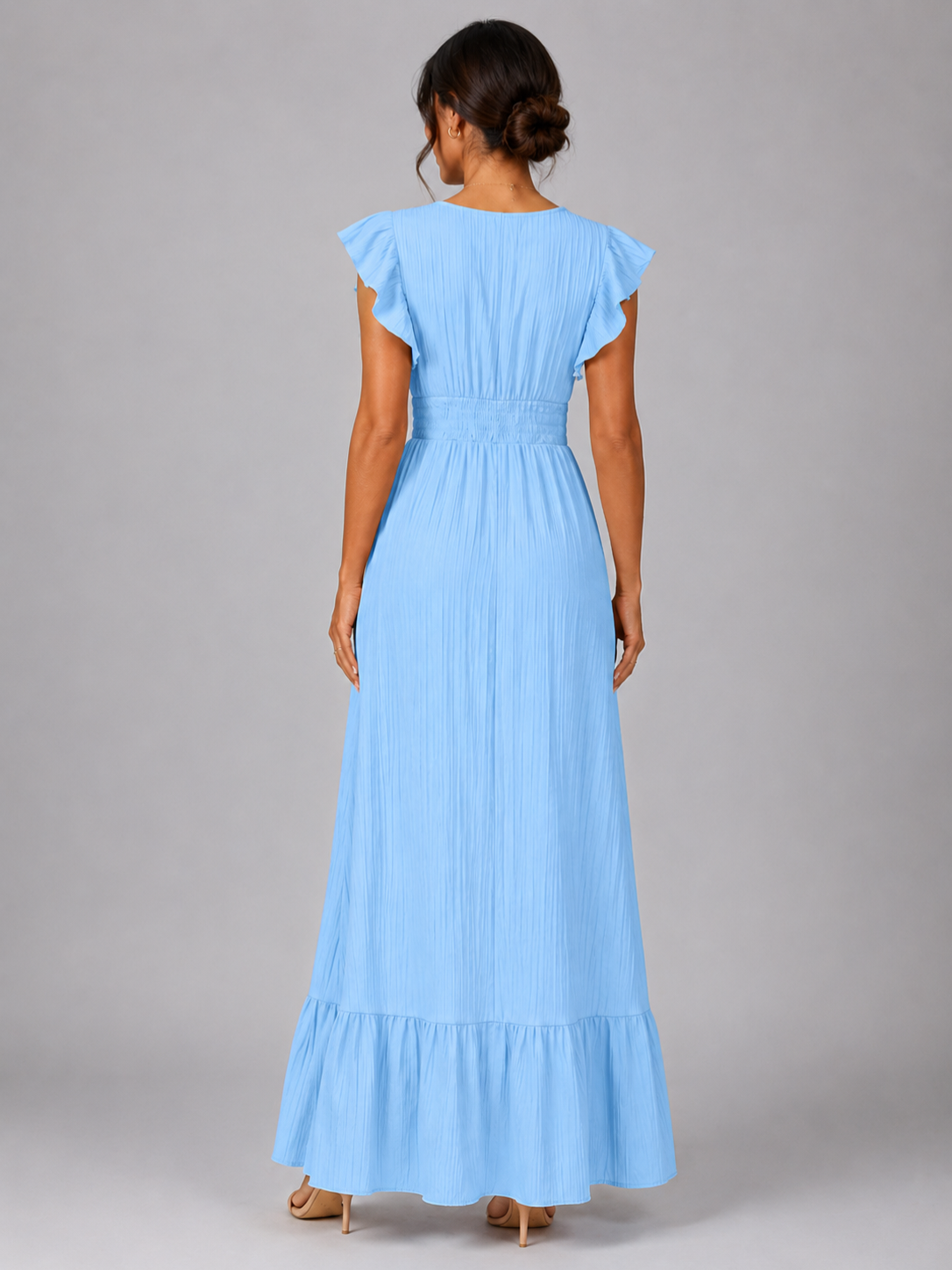 Women’s Pleated Maxi Dress with Flutter Sleeves and V-Neck