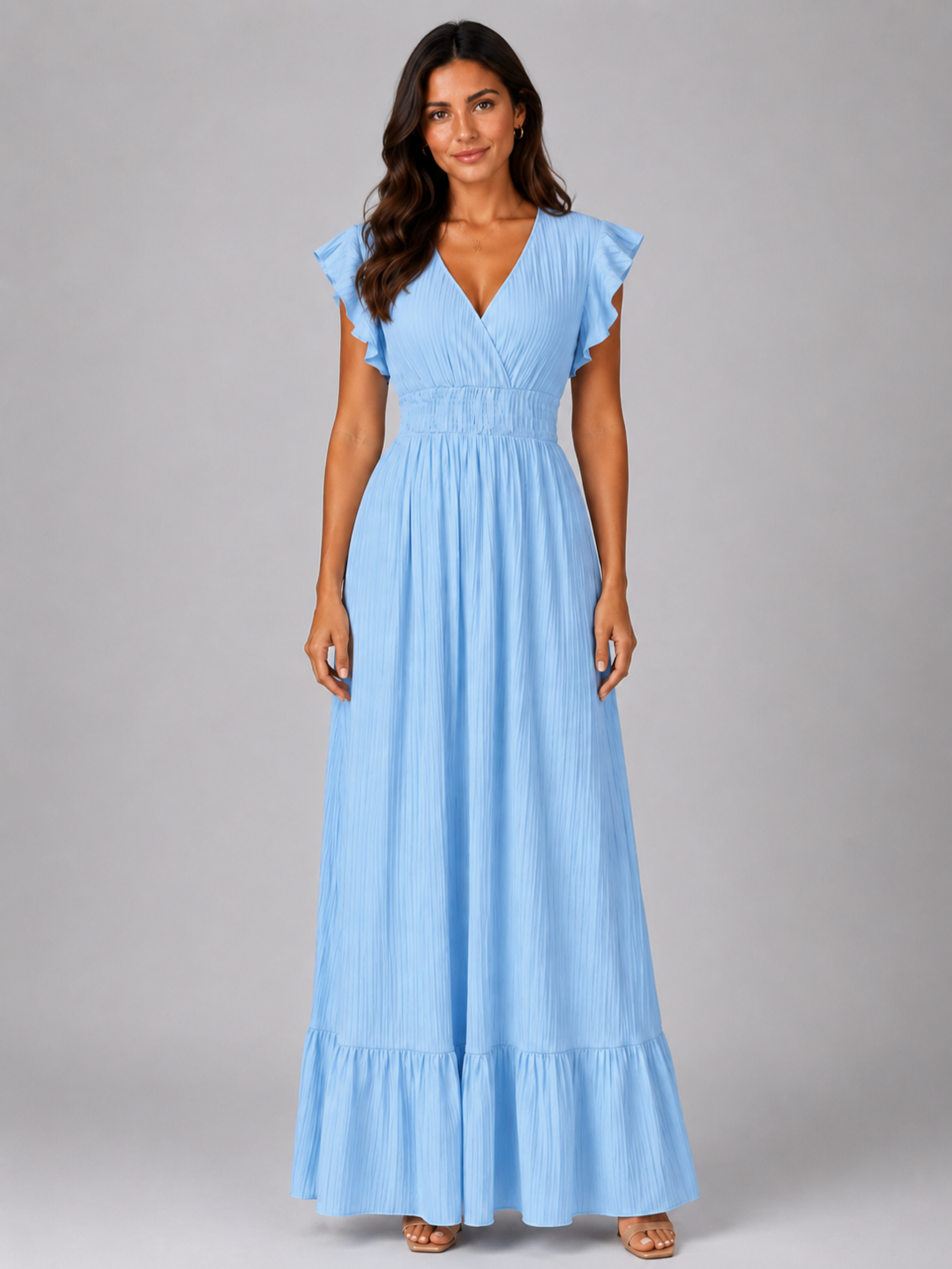 Women’s Pleated Maxi Dress with Flutter Sleeves and V-Neck