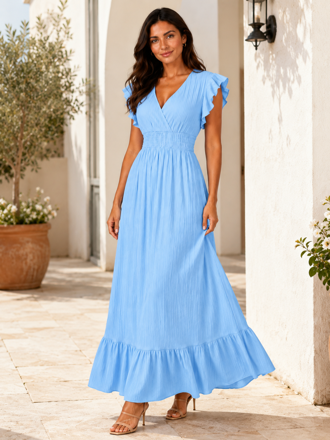 Women’s Pleated Maxi Dress with Flutter Sleeves and V-Neck