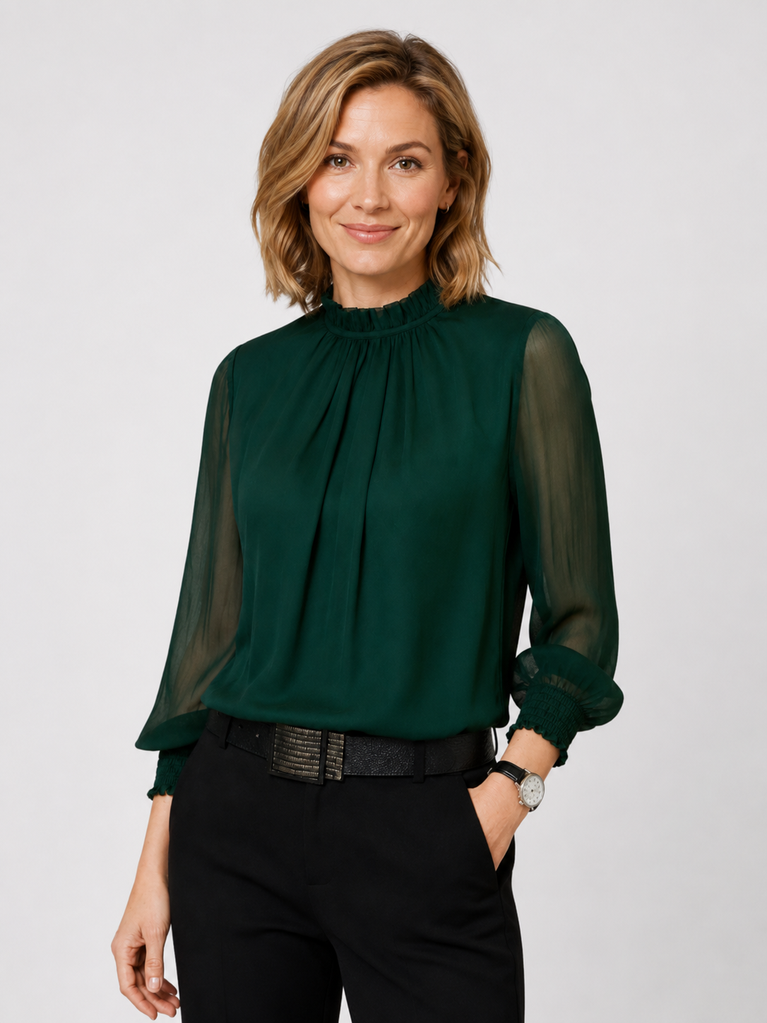 Women’s Sheer Sleeve Blouse with High Neck