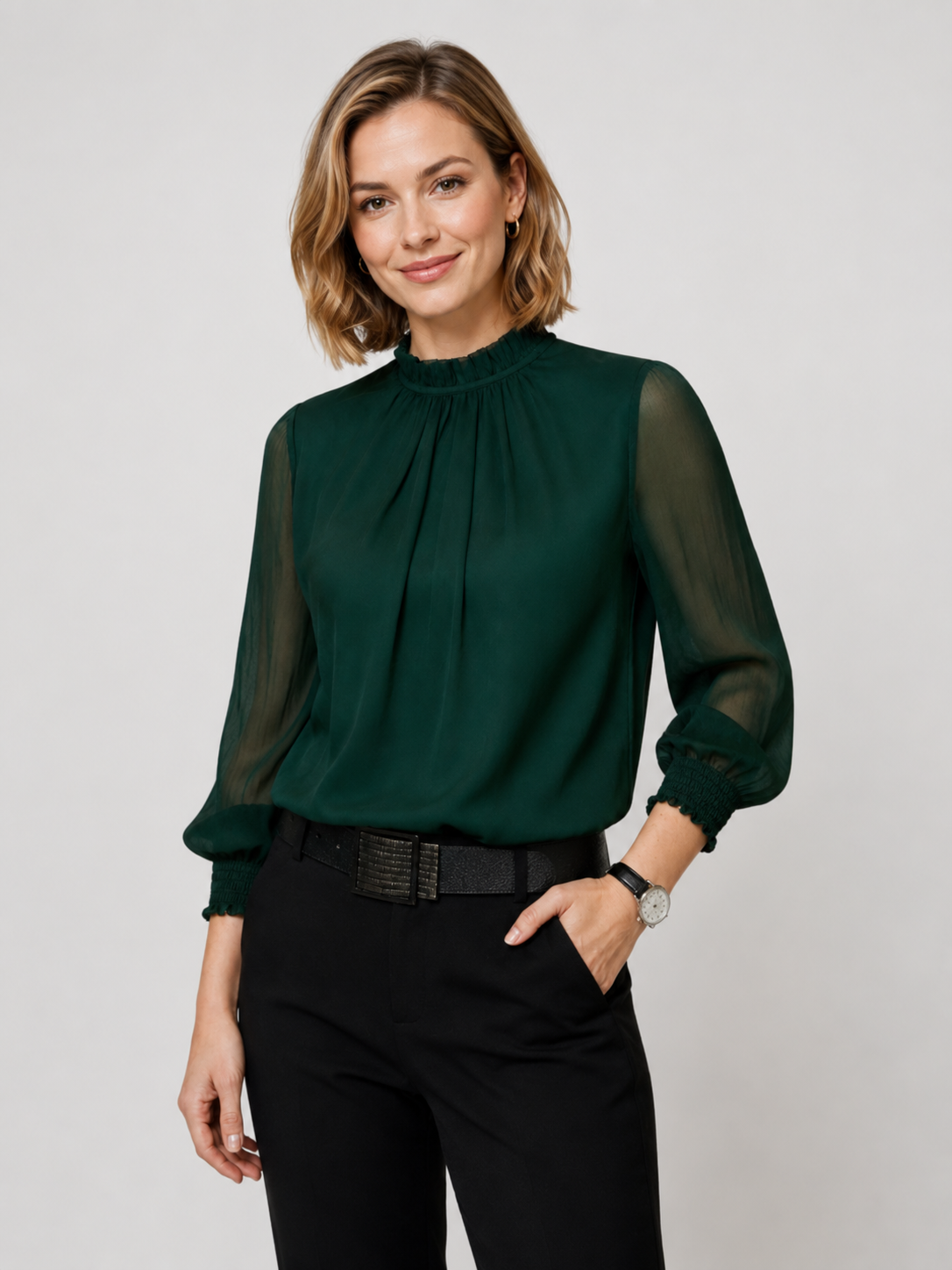 Women’s Sheer Sleeve Blouse with High Neck