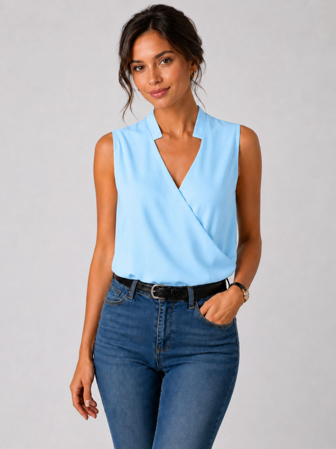 Women’s Sleeveless Wrap Blouse with V-Neck
