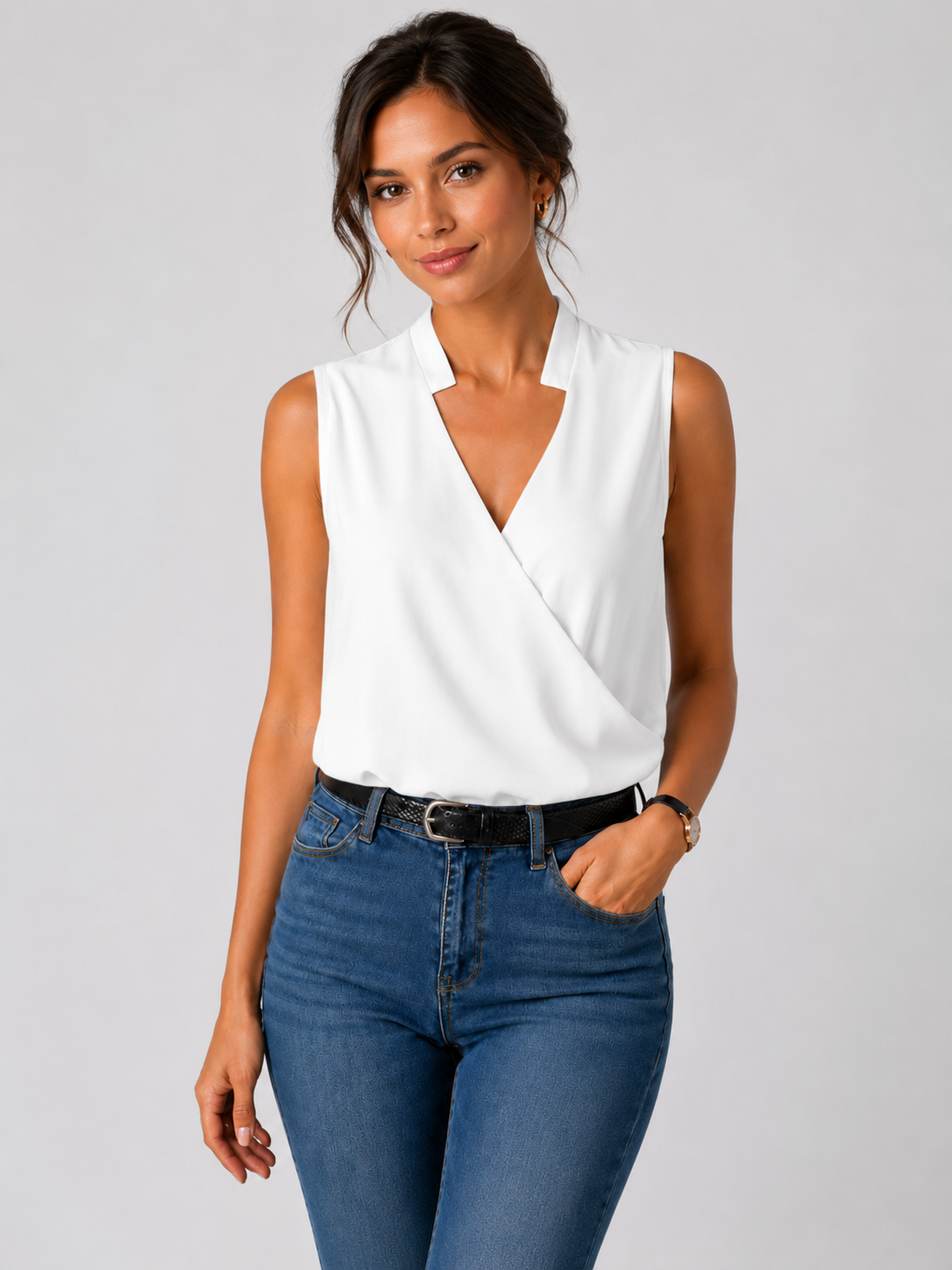 Women’s Sleeveless Wrap Blouse with V-Neck